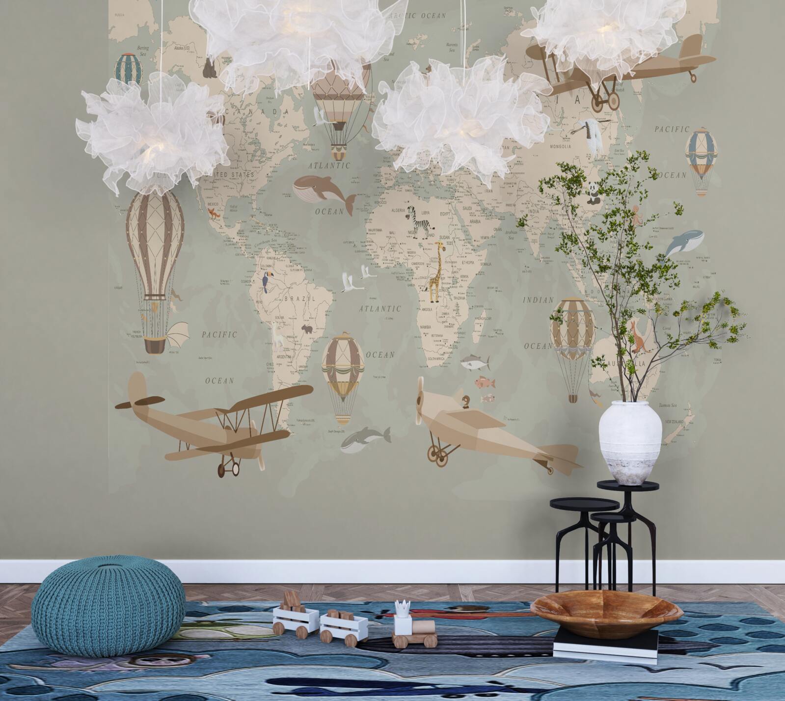 Fotobehang kaart van de wereld en verschillende soorten luchtvervoer