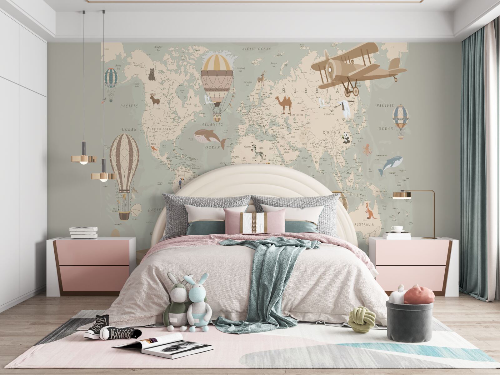 Fotobehang kaart van de wereld en verschillende soorten luchtvervoer