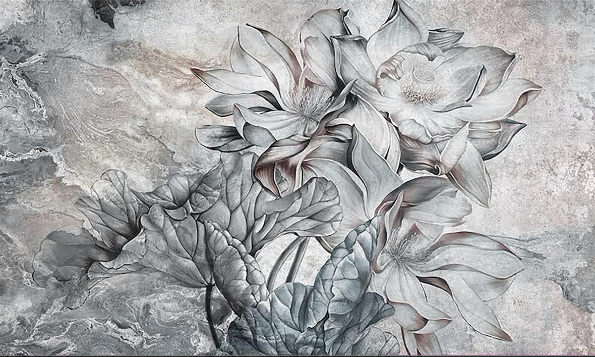 Fotobehang grote bloemen met ongewone vorm, met de hand getekend