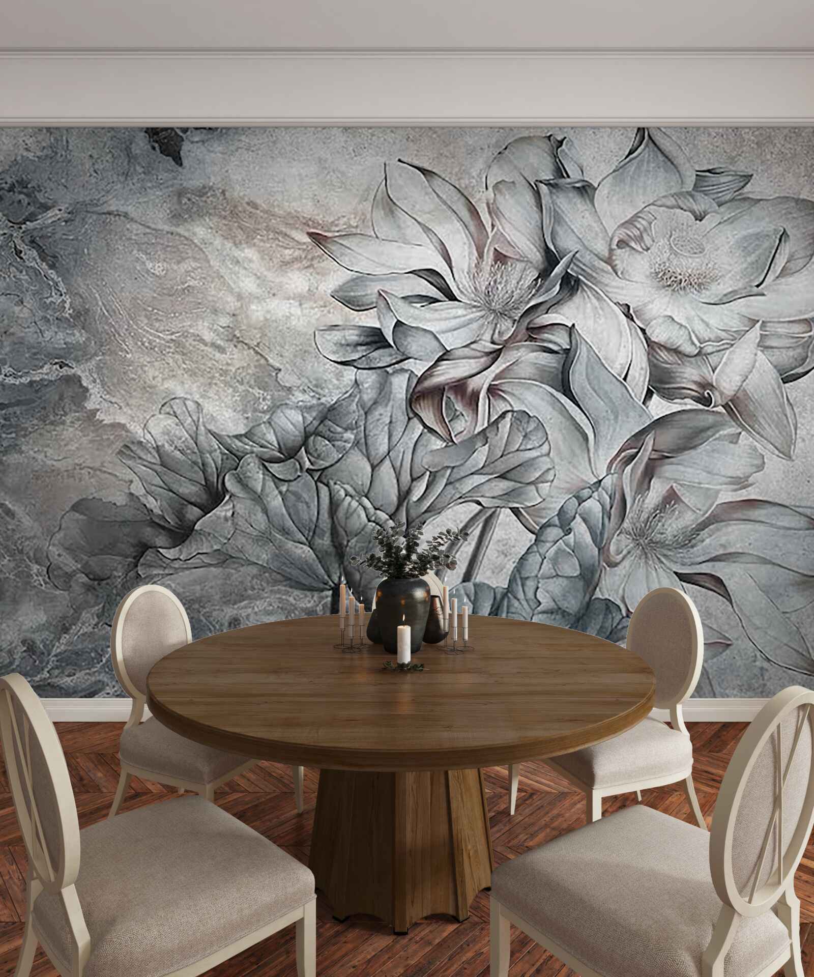 Fotobehang grote bloemen met ongewone vorm, met de hand getekend