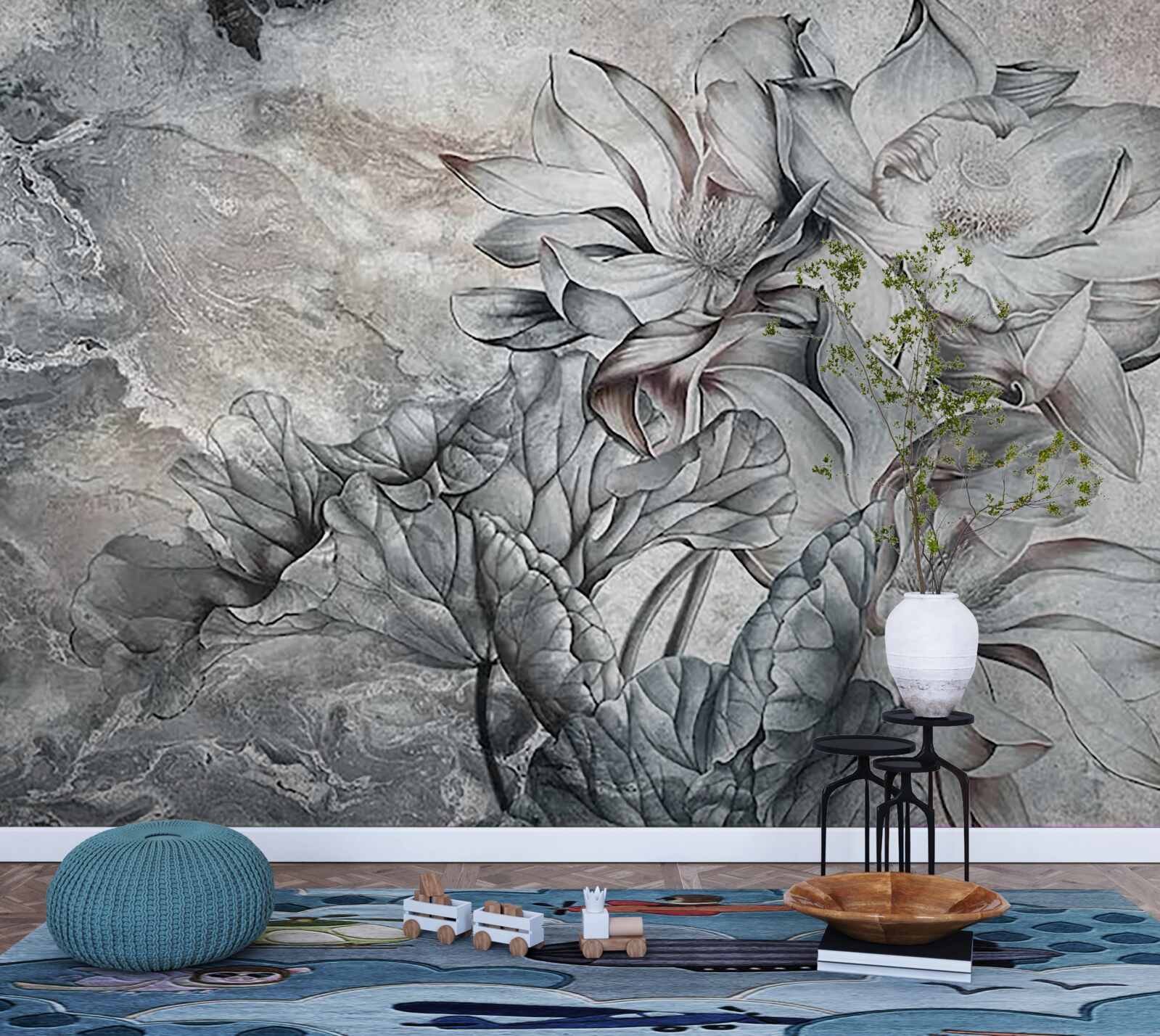 Fotobehang grote bloemen met ongewone vorm, met de hand getekend