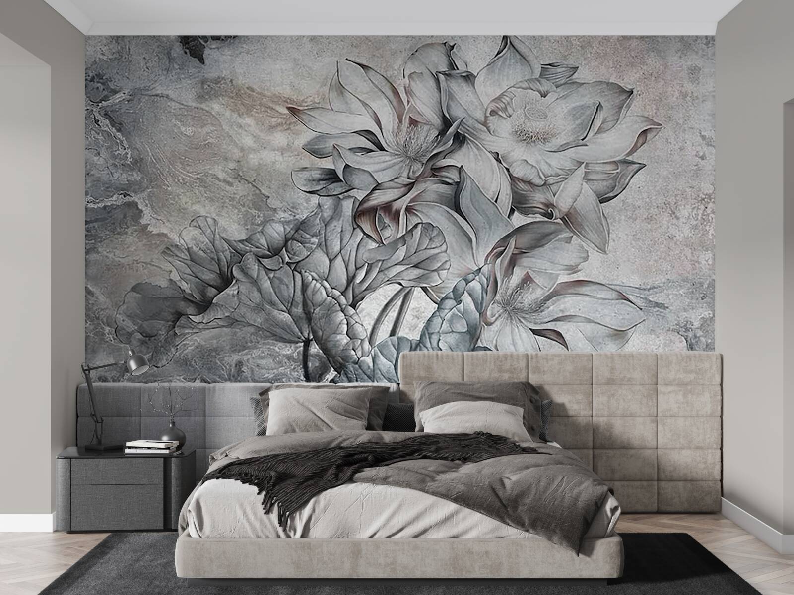 Fotobehang grote bloemen met ongewone vorm, met de hand getekend