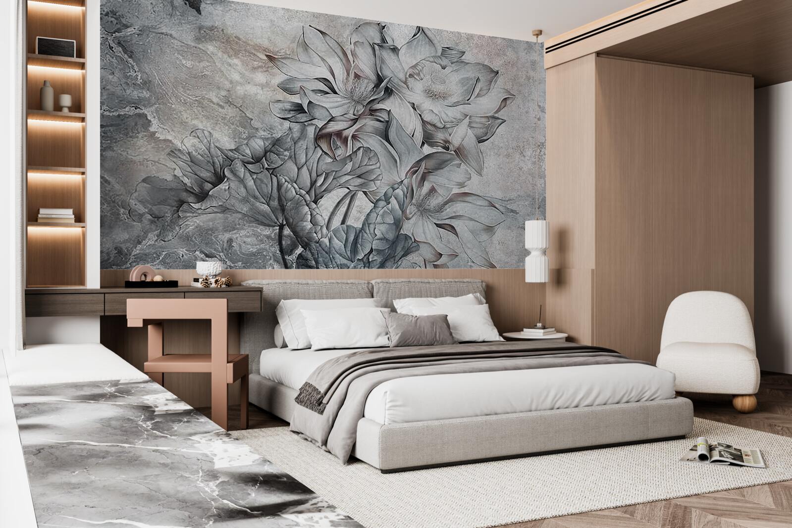 Fotobehang grote bloemen met ongewone vorm, met de hand getekend