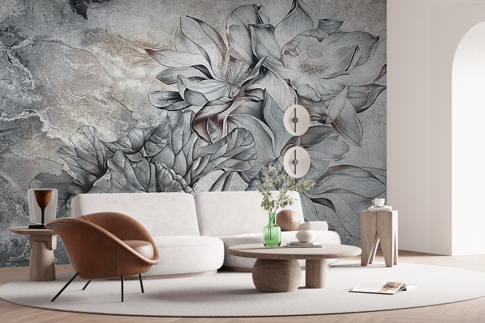 Fotobehang grote bloemen met ongewone vorm, met de hand getekend