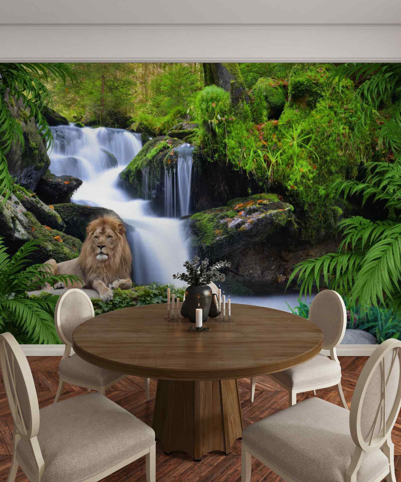 Fotobehang er is een leeuw bij de waterval