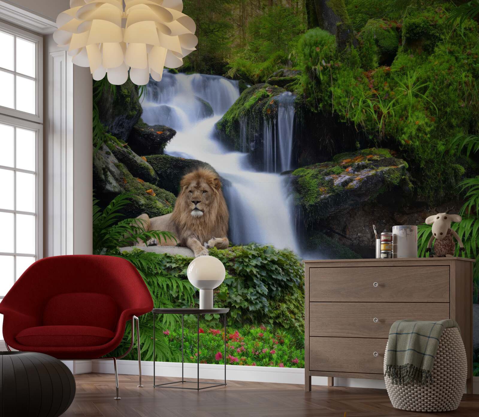 Fotobehang er is een leeuw bij de waterval
