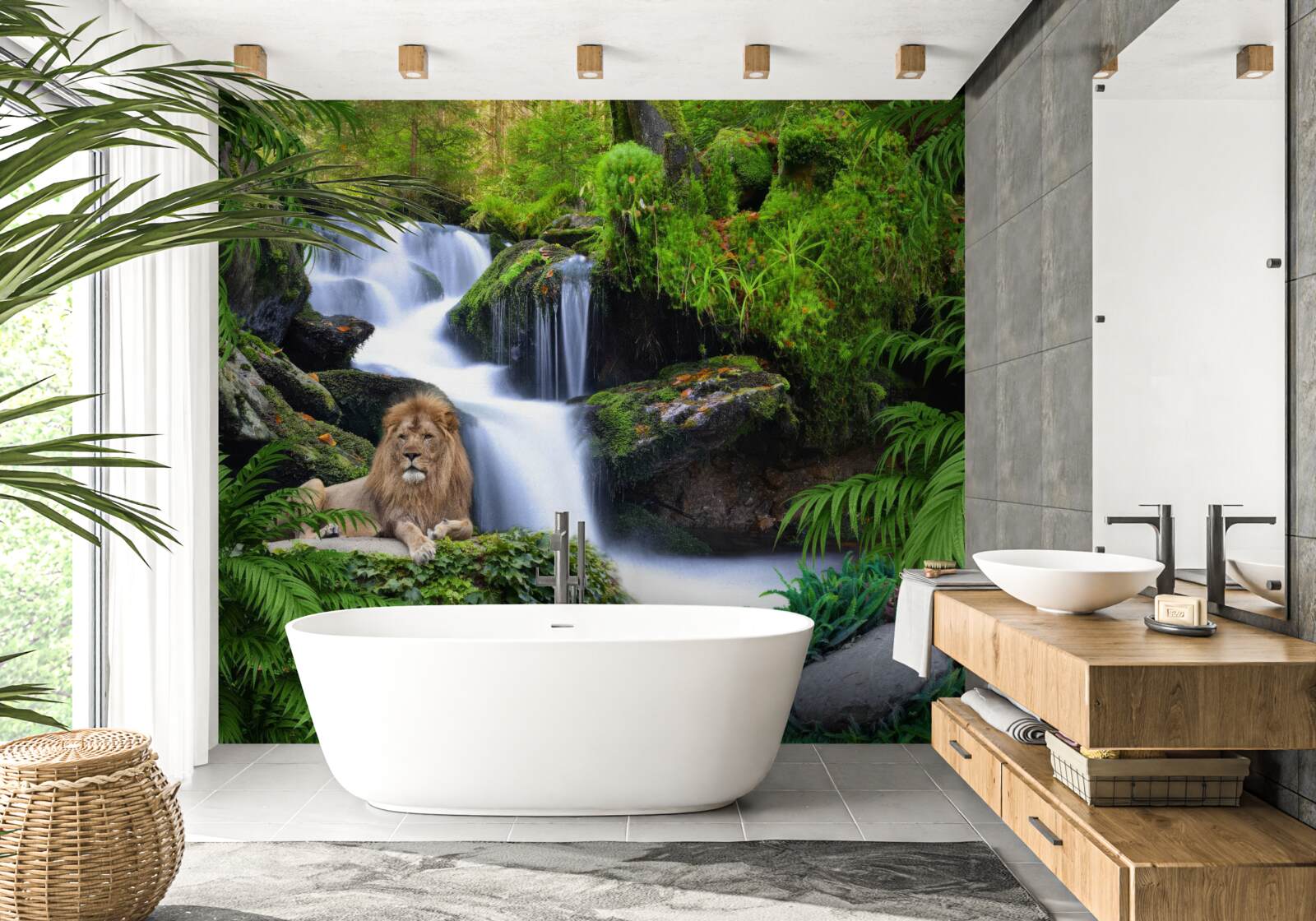 Fotobehang er is een leeuw bij de waterval