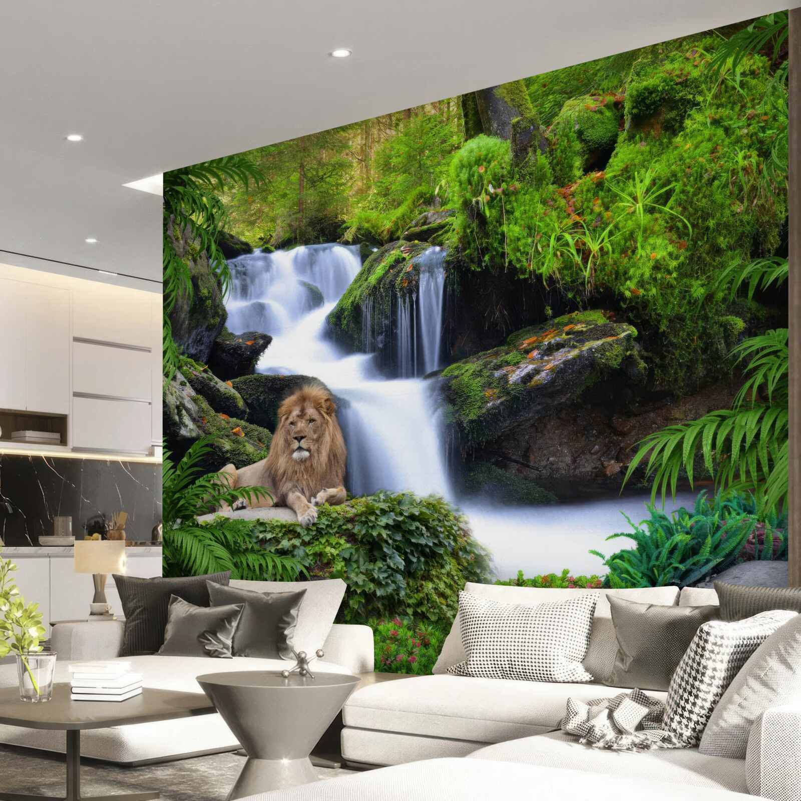 Fotobehang er is een leeuw bij de waterval