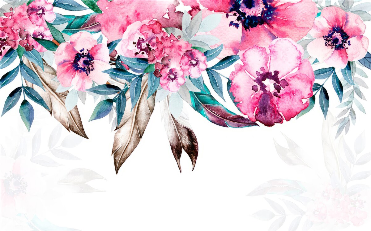 Fotobehang bloemen geschilderd in roze tinten