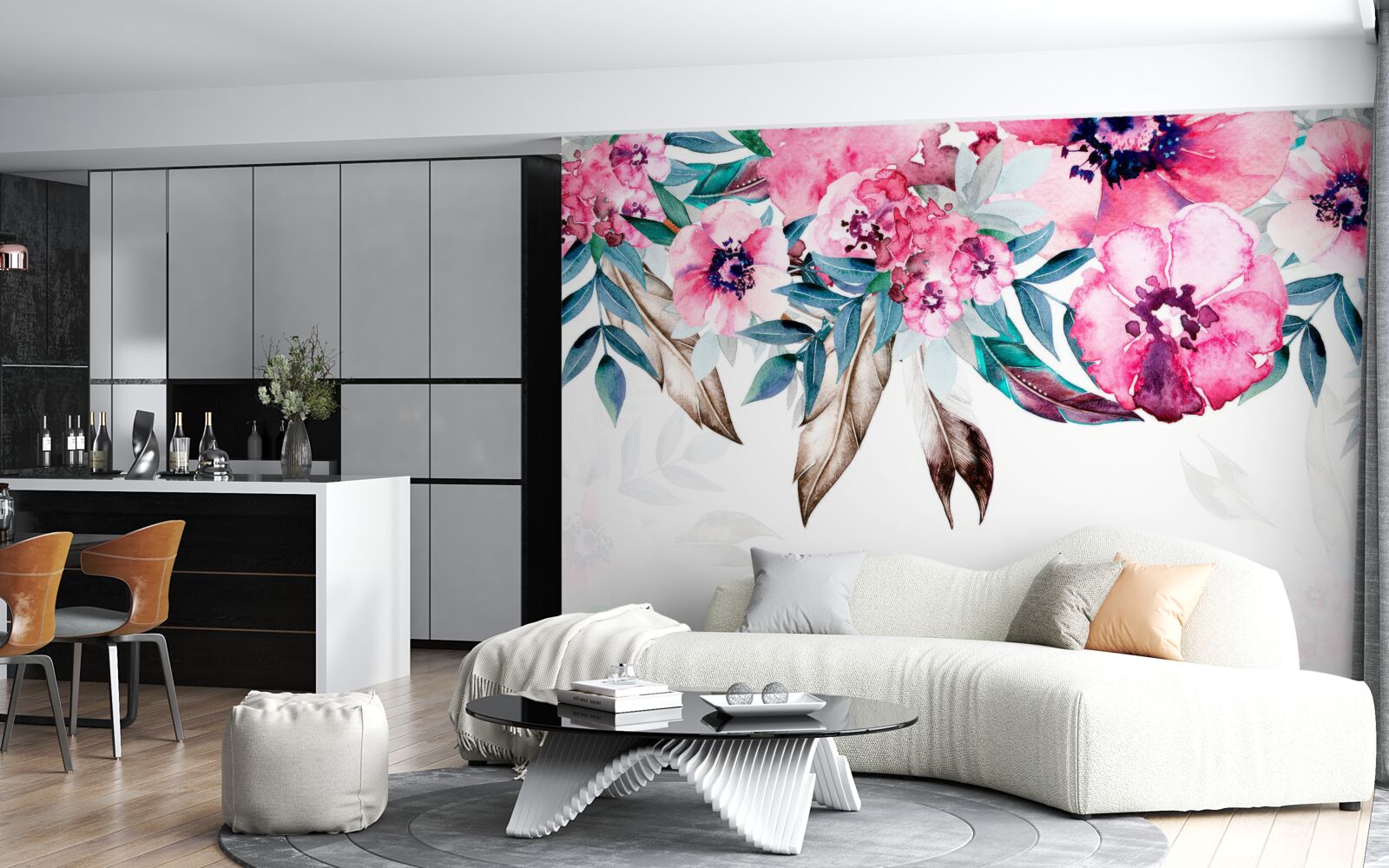 Fotobehang bloemen geschilderd in roze tinten