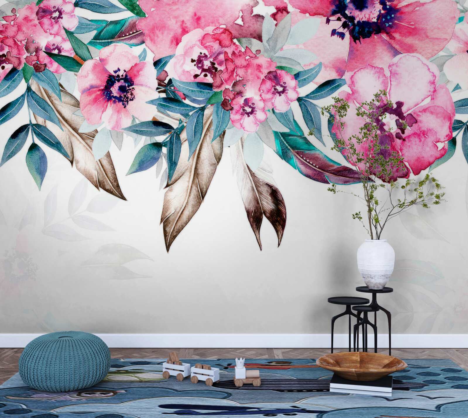 Fotobehang bloemen geschilderd in roze tinten