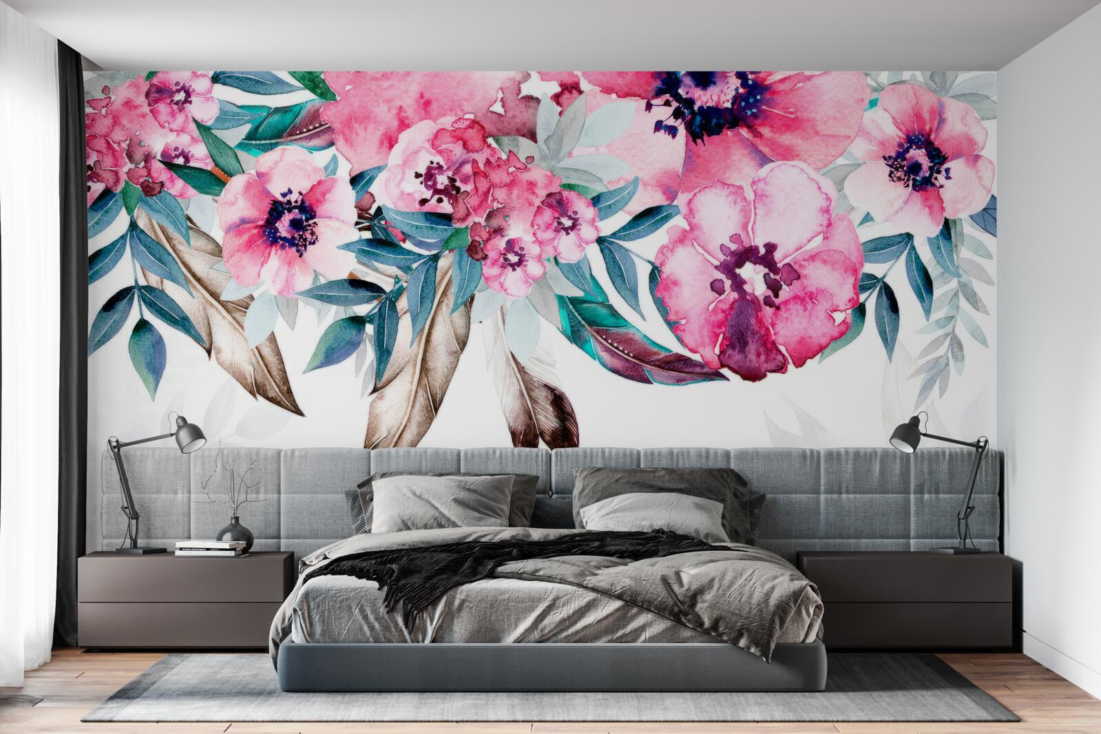 Fotobehang bloemen geschilderd in roze tinten