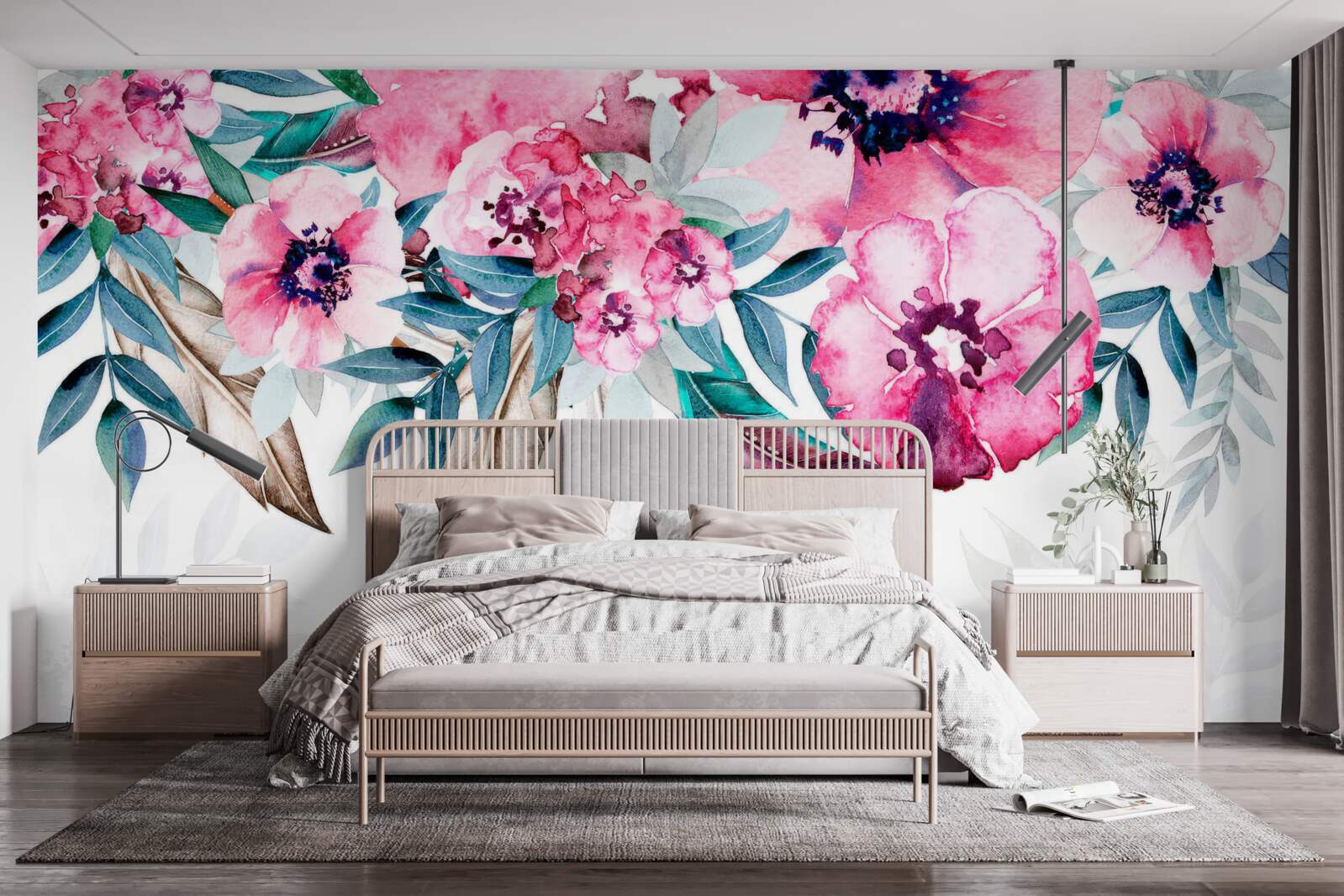 Fotobehang bloemen geschilderd in roze tinten