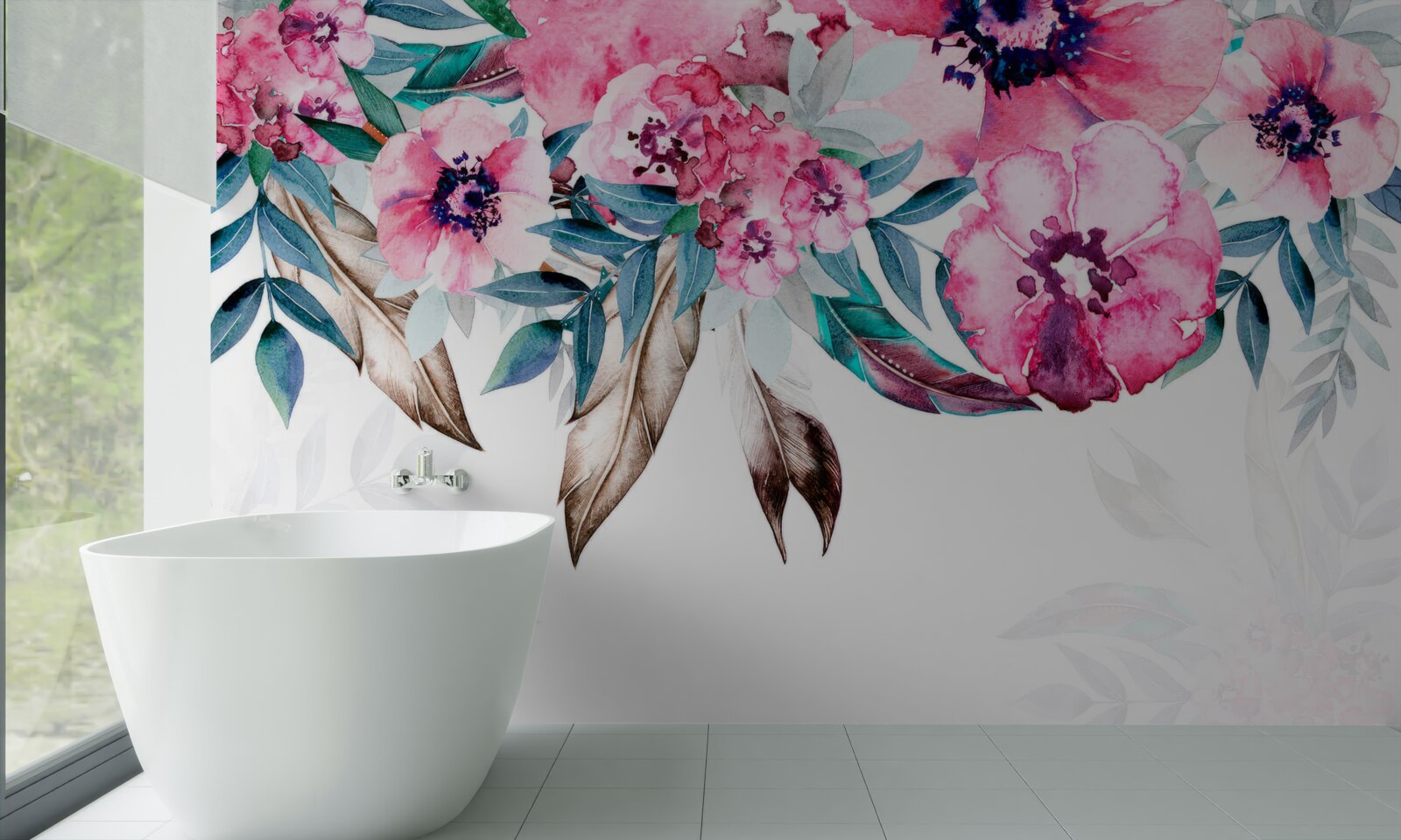 Fotobehang bloemen geschilderd in roze tinten