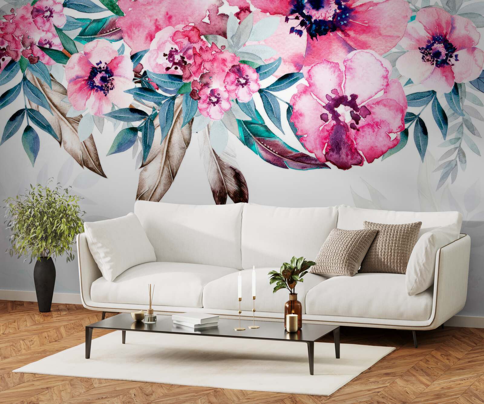 Fotobehang bloemen geschilderd in roze tinten