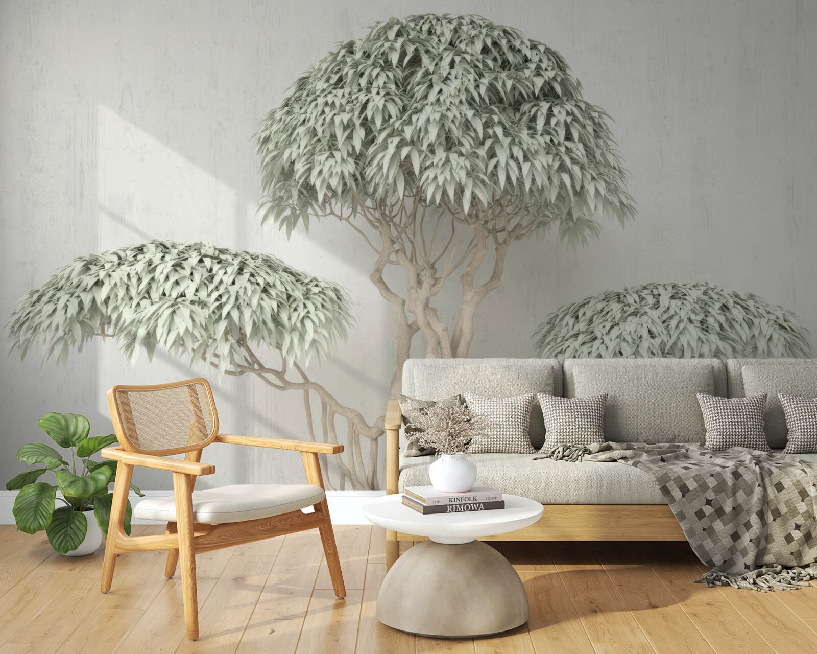 Fotobehang boom met bladeren op grijze achtergrond