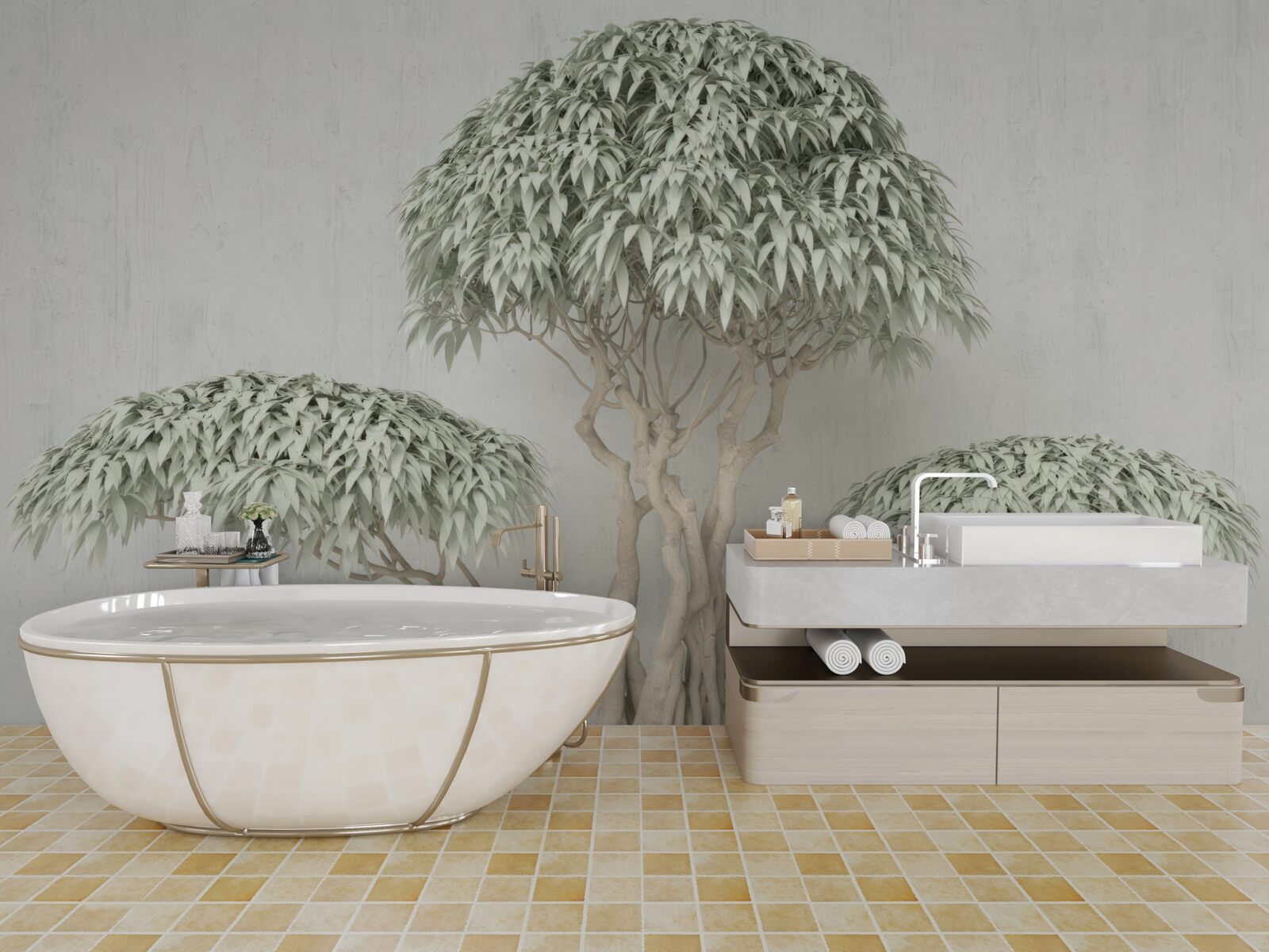 Fotobehang boom met bladeren op grijze achtergrond