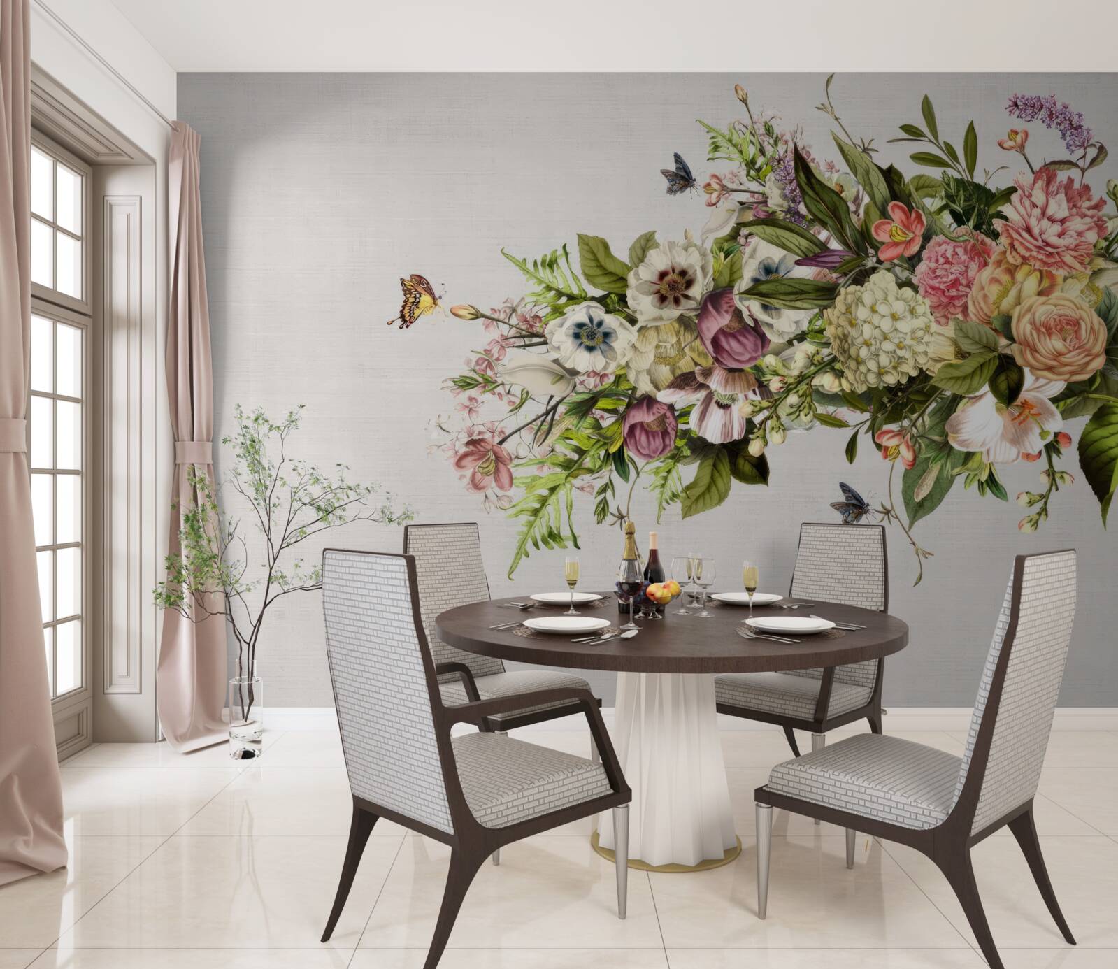 Fotobehang vlinders vliegen op prachtige bloemen