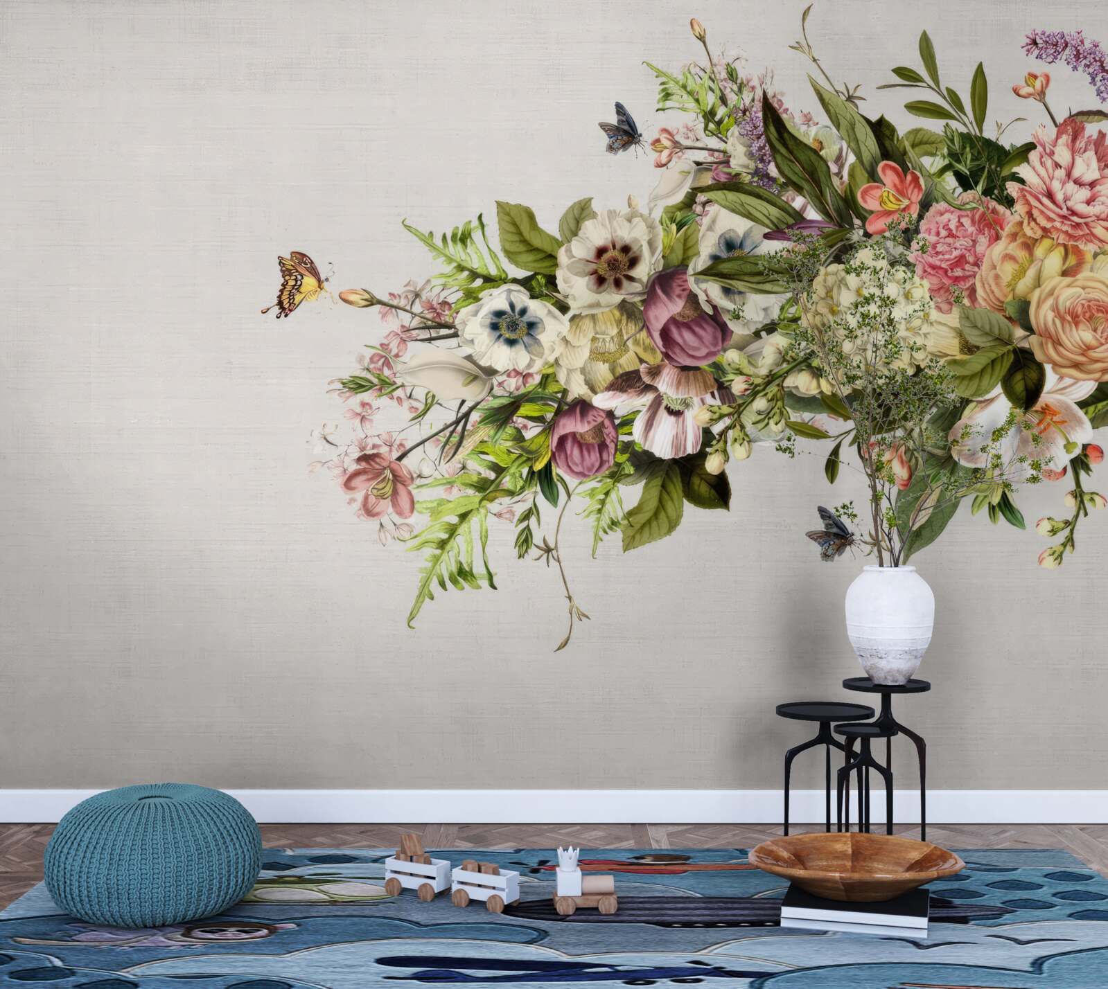 Fotobehang vlinders vliegen op prachtige bloemen