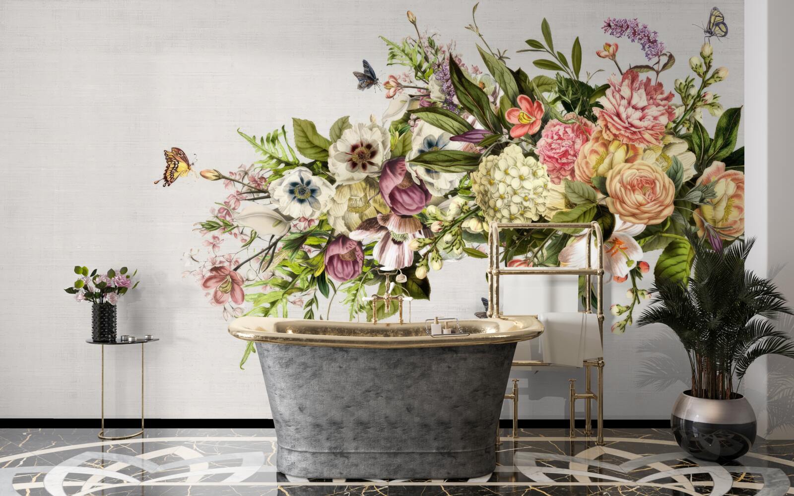 Fotobehang vlinders vliegen op prachtige bloemen