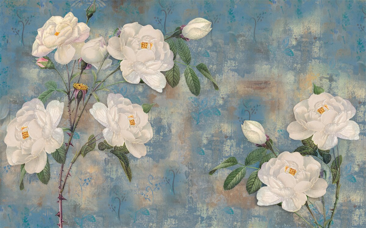 Fotobehang witte rozen aan de takken