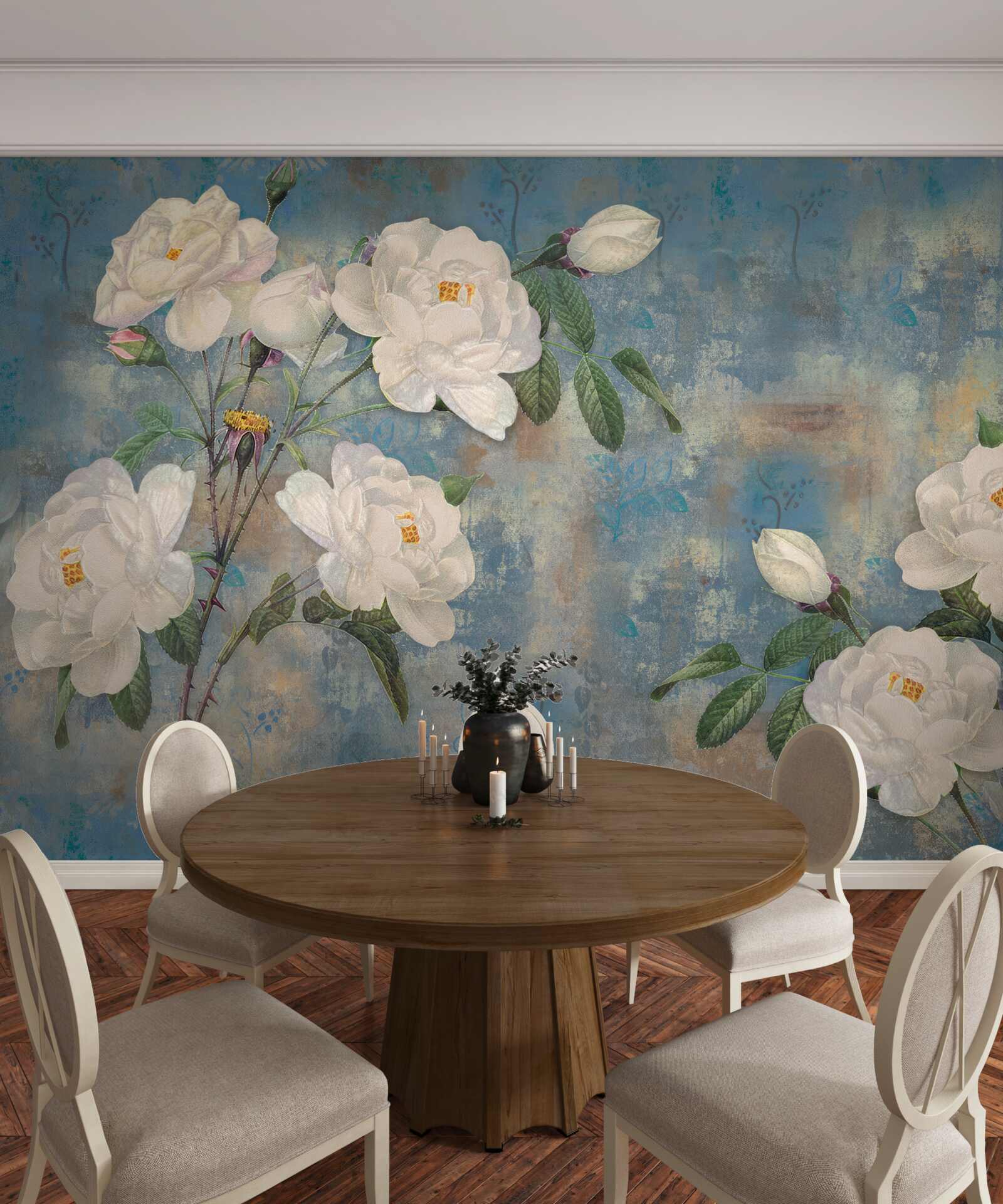 Fotobehang witte rozen aan de takken