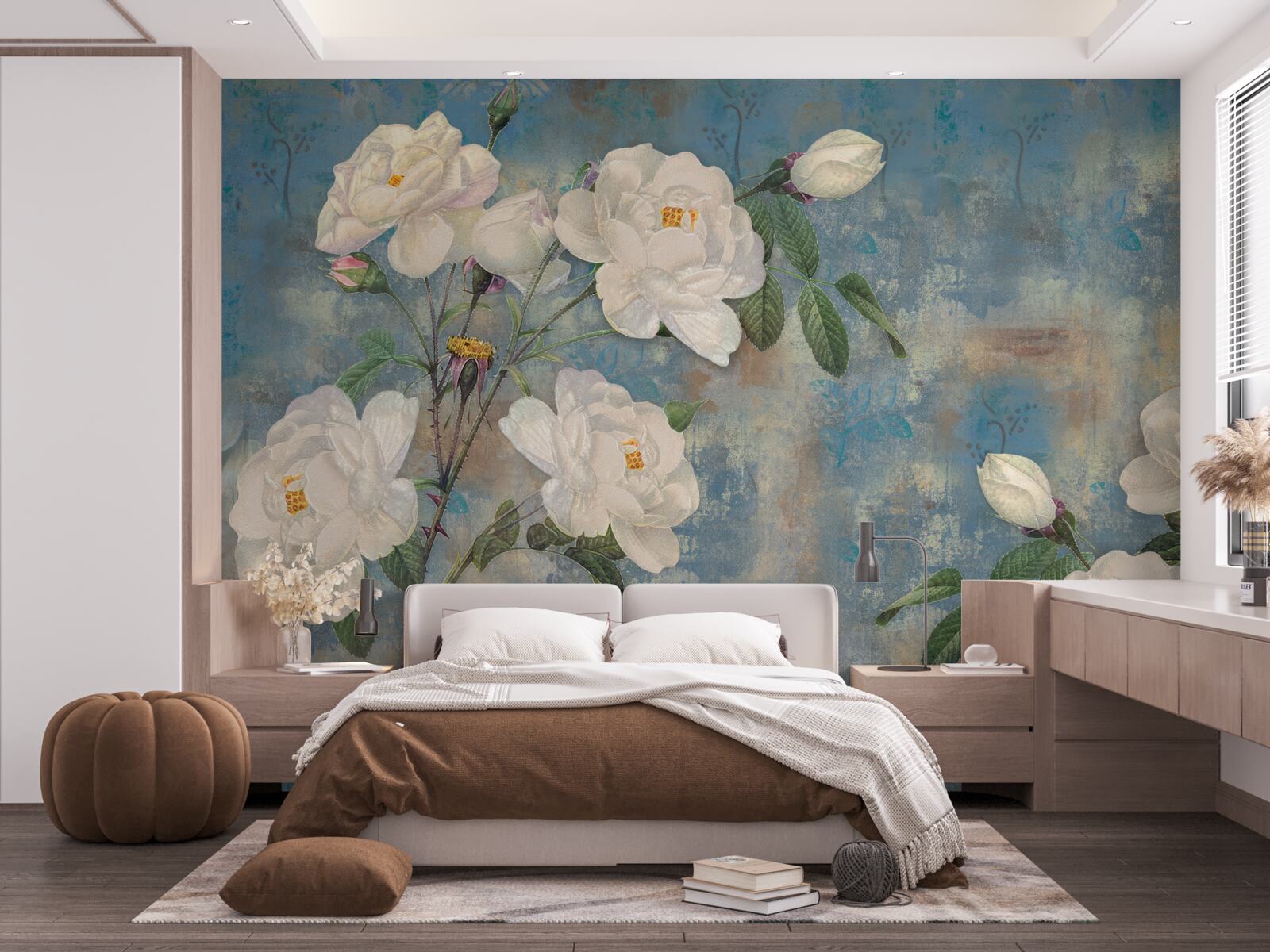 Fotobehang witte rozen aan de takken