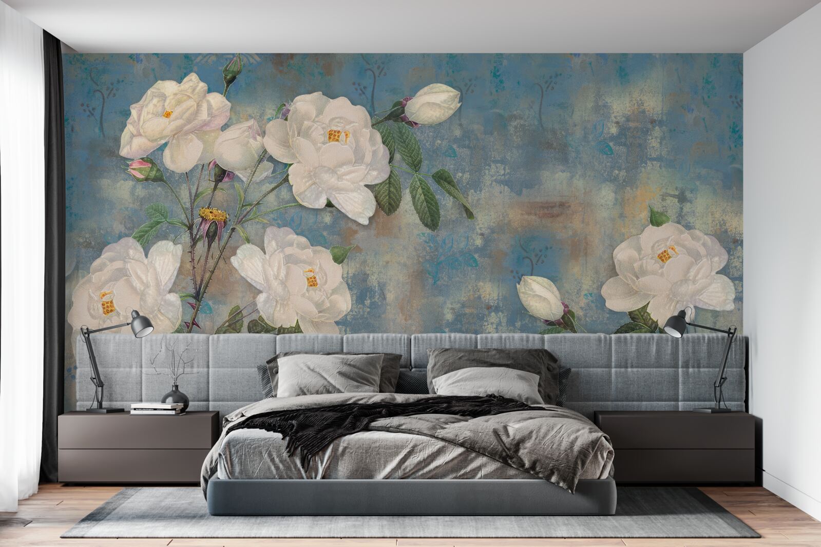 Fotobehang witte rozen aan de takken