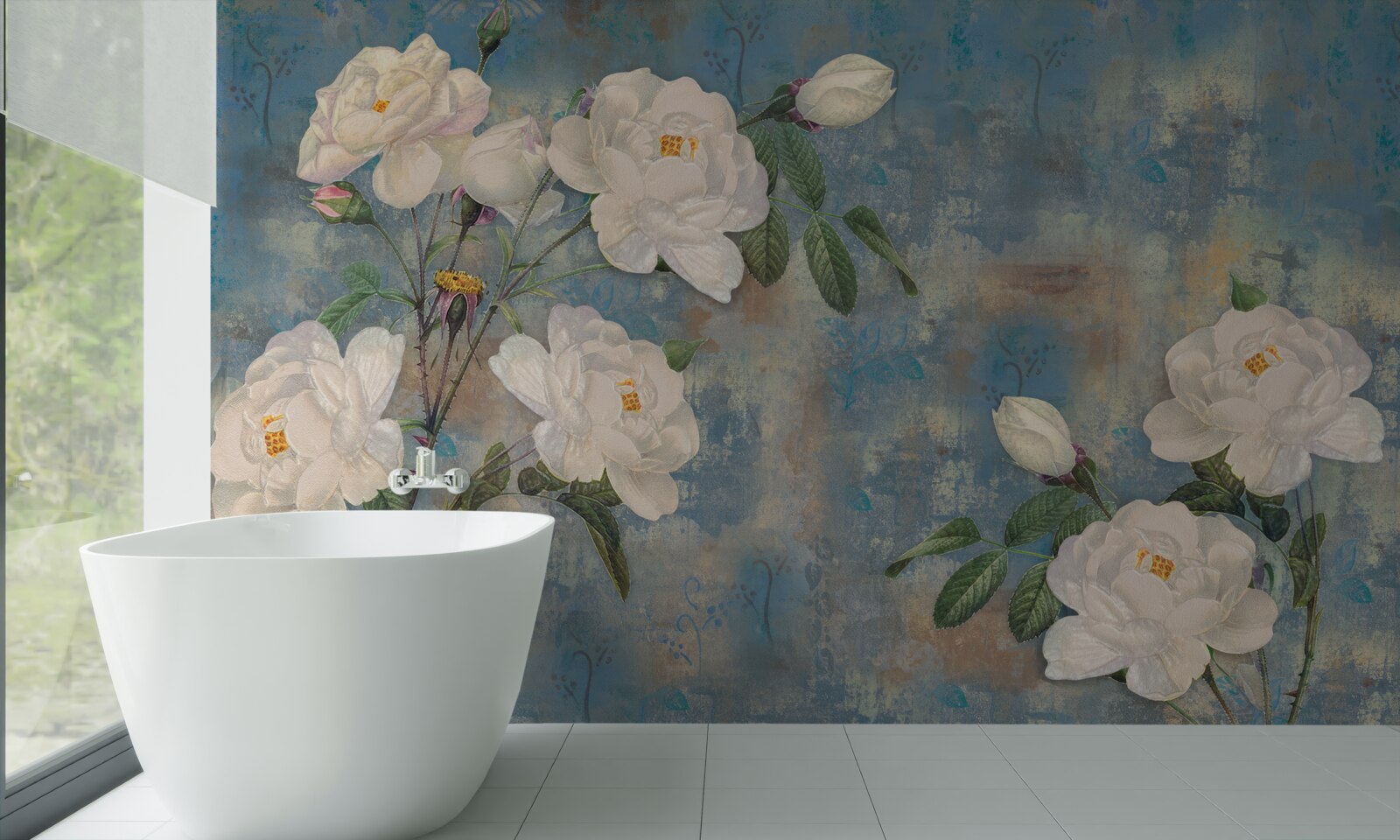 Fotobehang witte rozen aan de takken