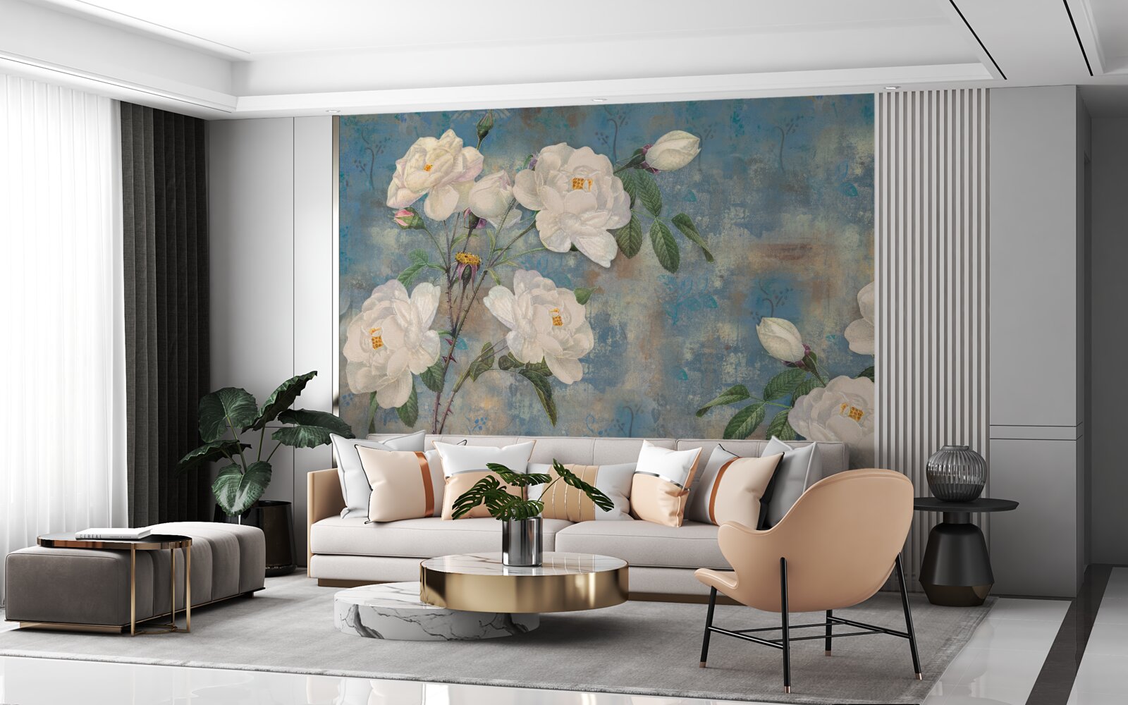 Fotobehang witte rozen aan de takken