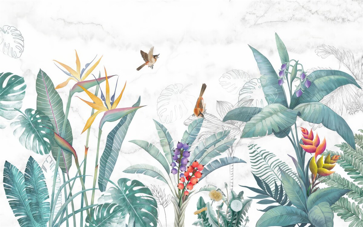 Fotobehang diverse bladeren en vogels