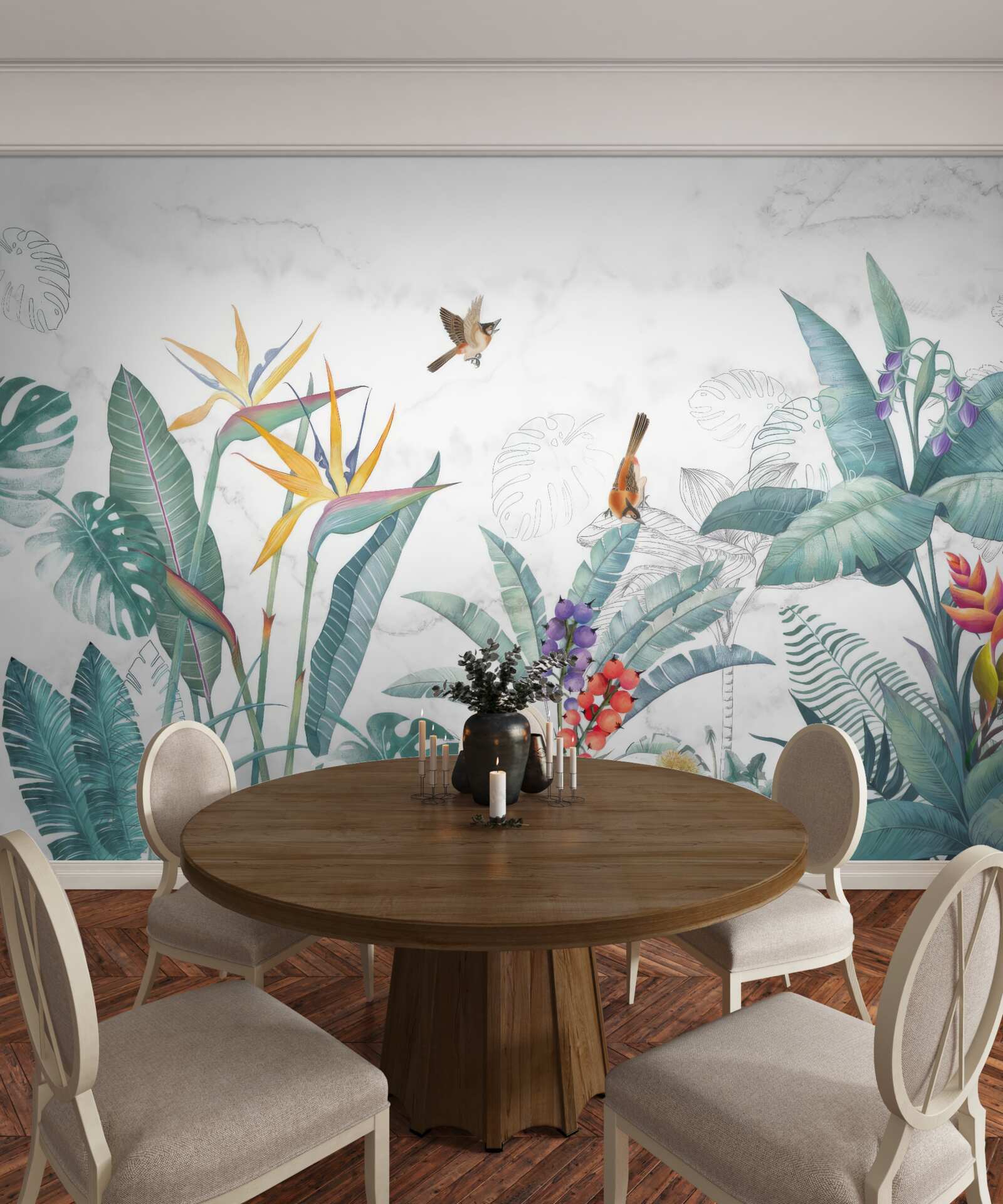 Fotobehang diverse bladeren en vogels