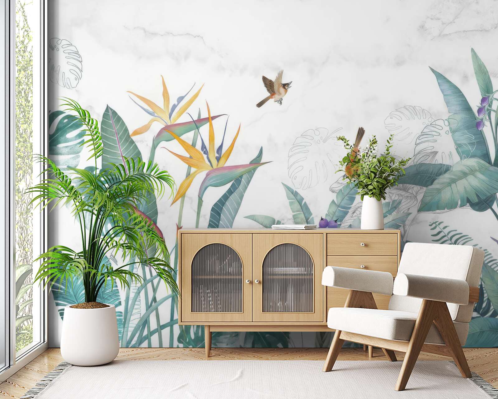 Fotobehang diverse bladeren en vogels