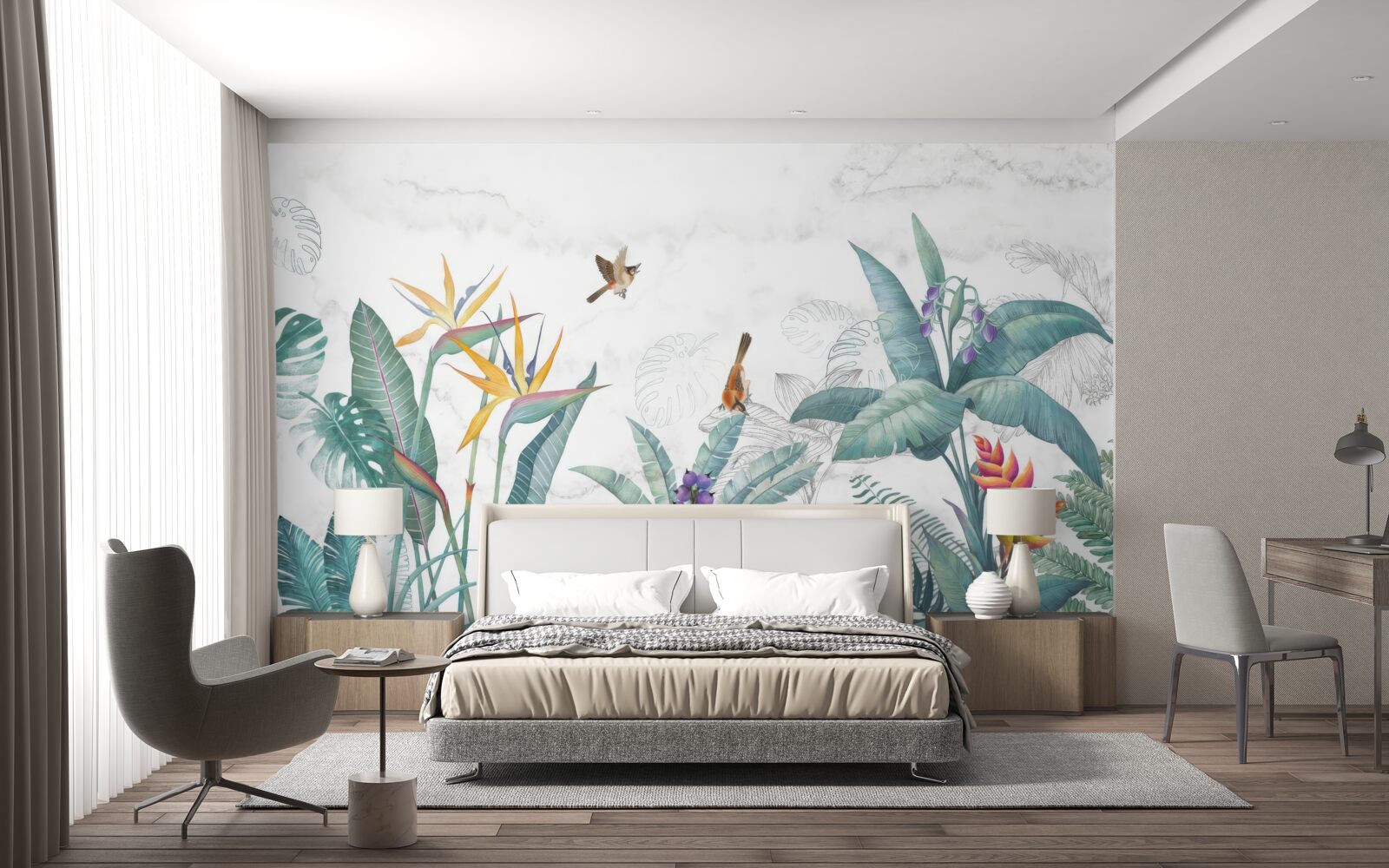 Fotobehang diverse bladeren en vogels