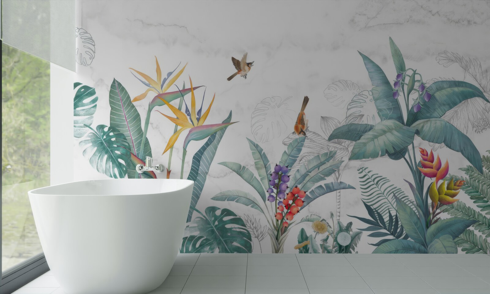 Fotobehang diverse bladeren en vogels