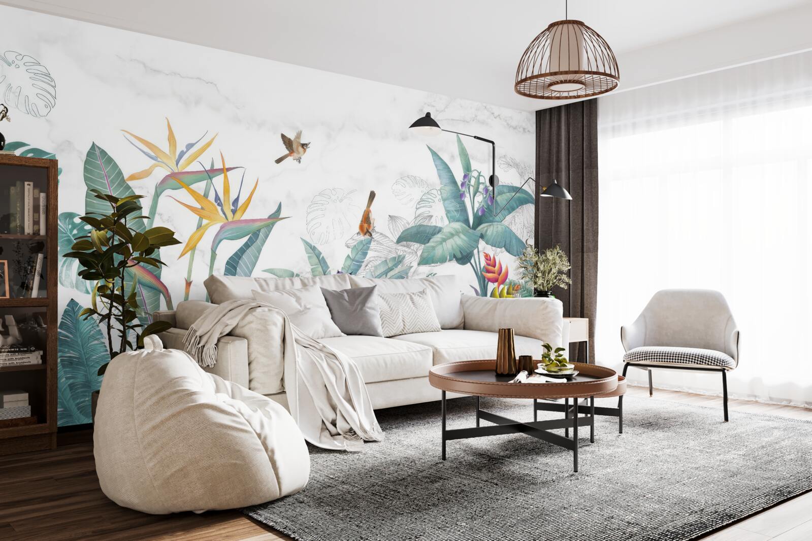 Fotobehang diverse bladeren en vogels