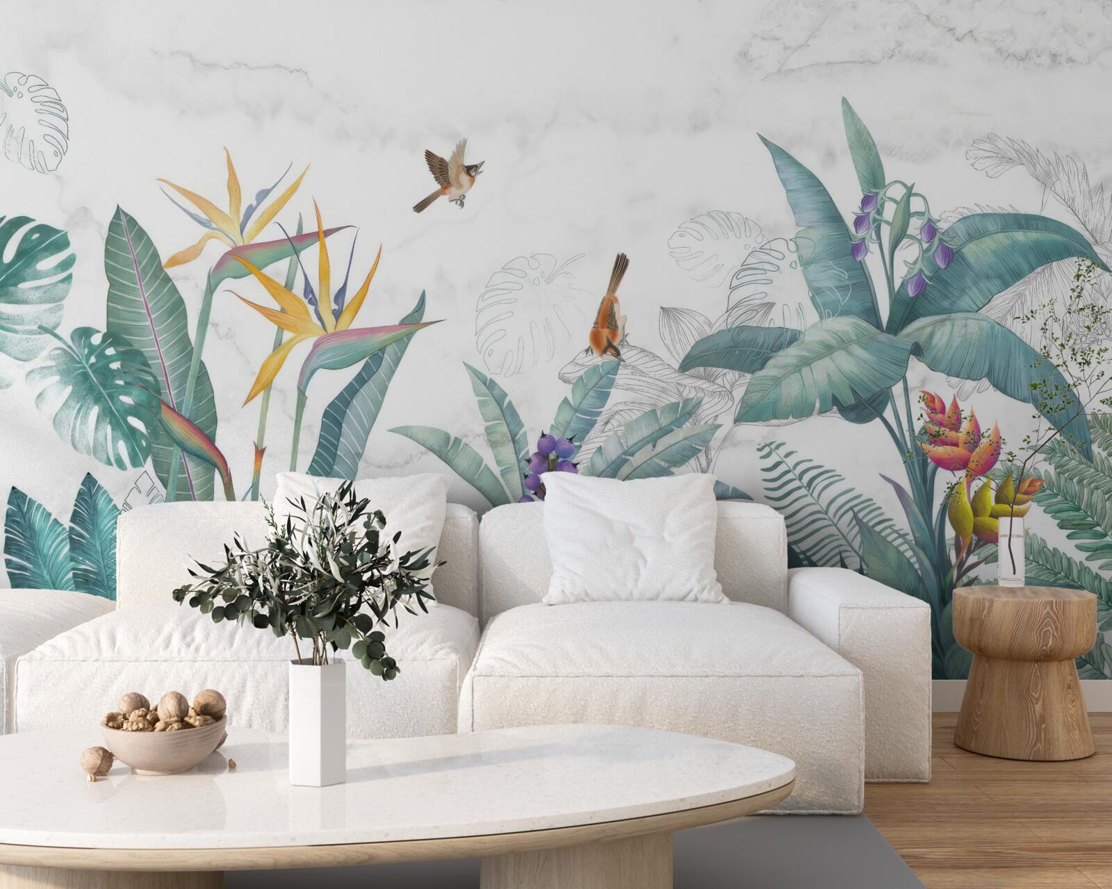 Fotobehang diverse bladeren en vogels