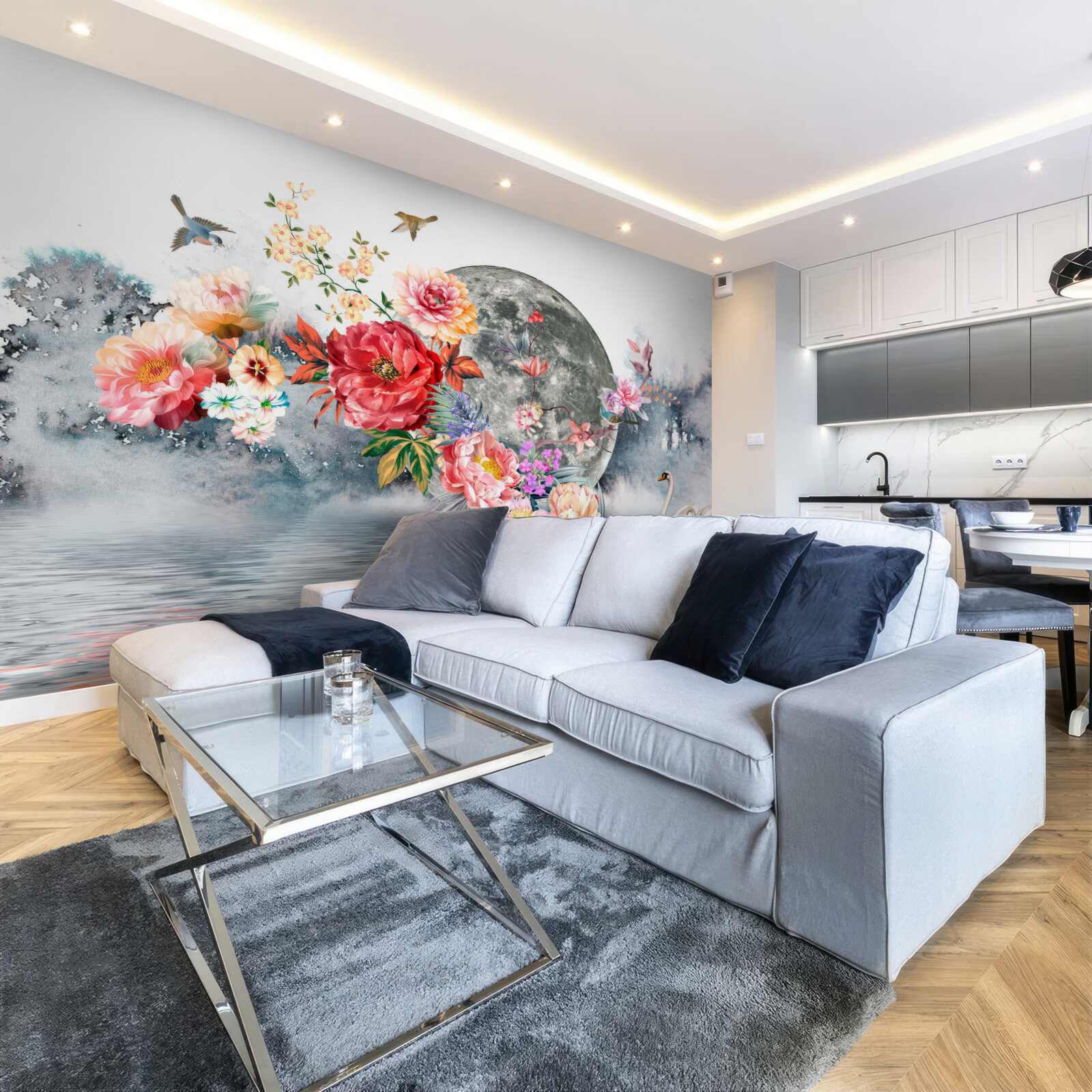 Fotobehang bloemen, volle maan en vogels