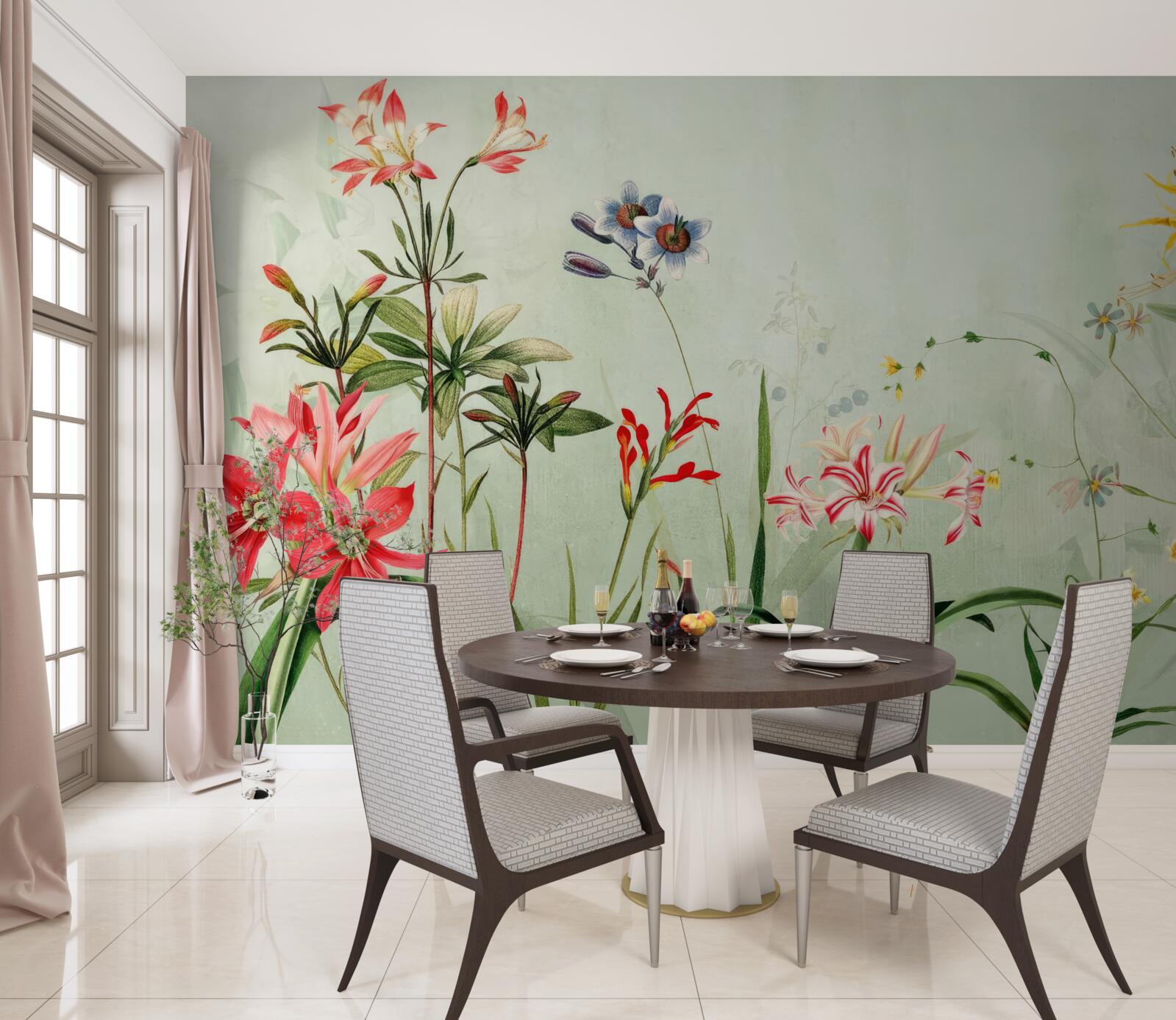 Fotobehang de mist bedekte de bloemen