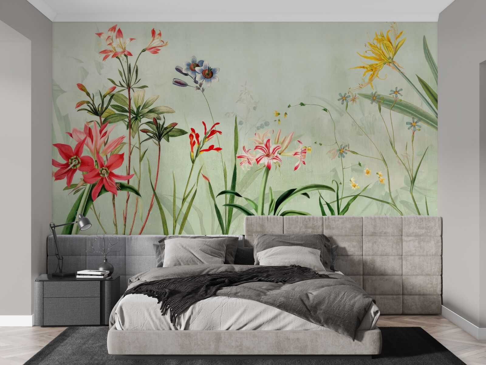 Fotobehang de mist bedekte de bloemen