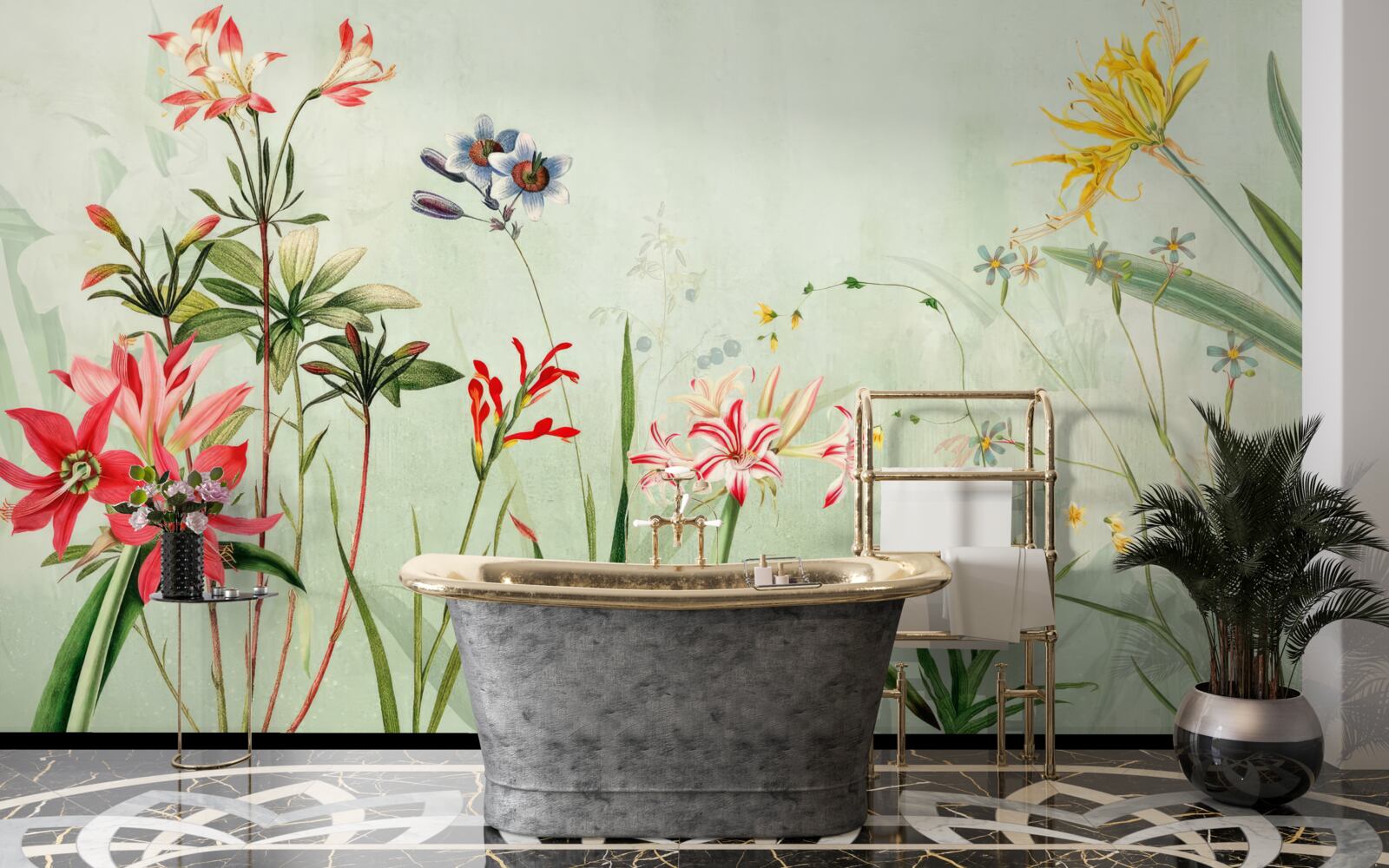 Fotobehang de mist bedekte de bloemen