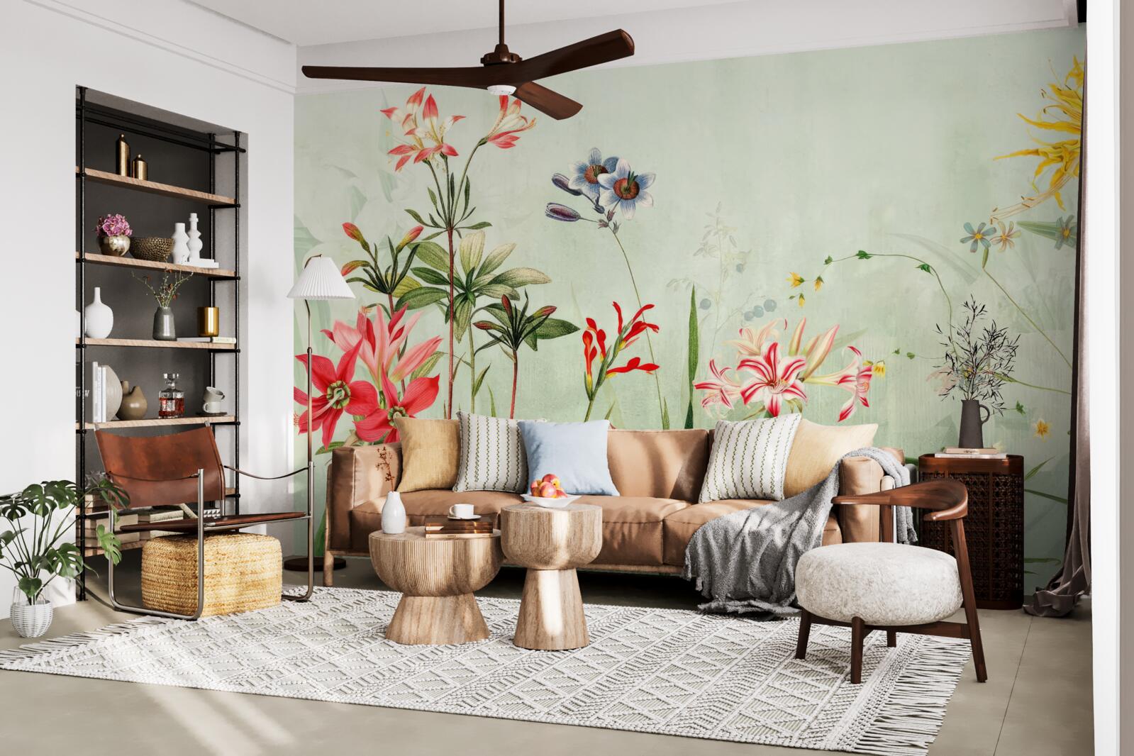 Fotobehang de mist bedekte de bloemen