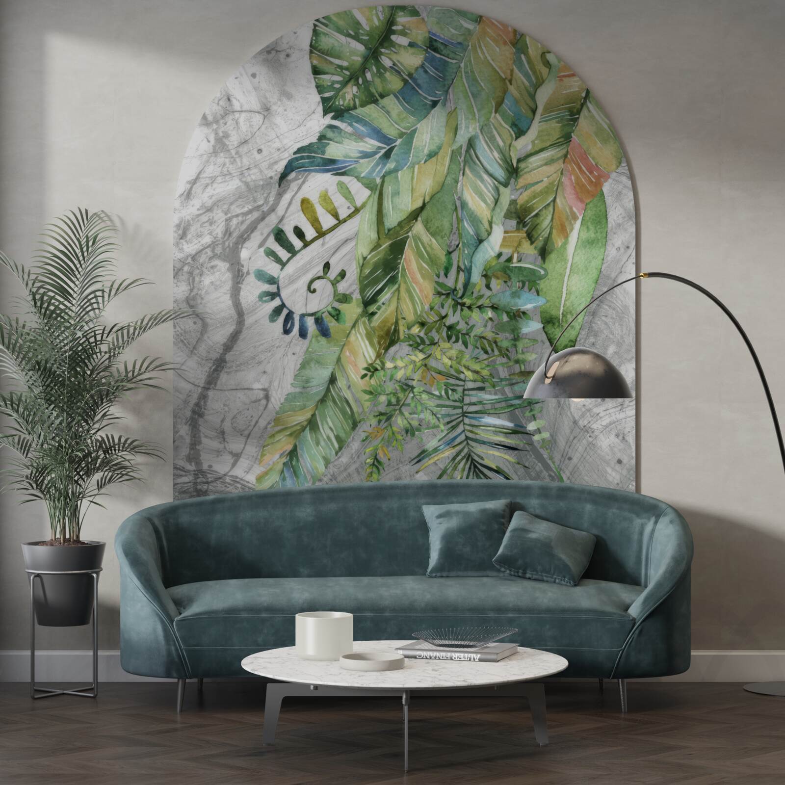 Fotobehang bladeren van verschillende soorten op een grijze achtergrond