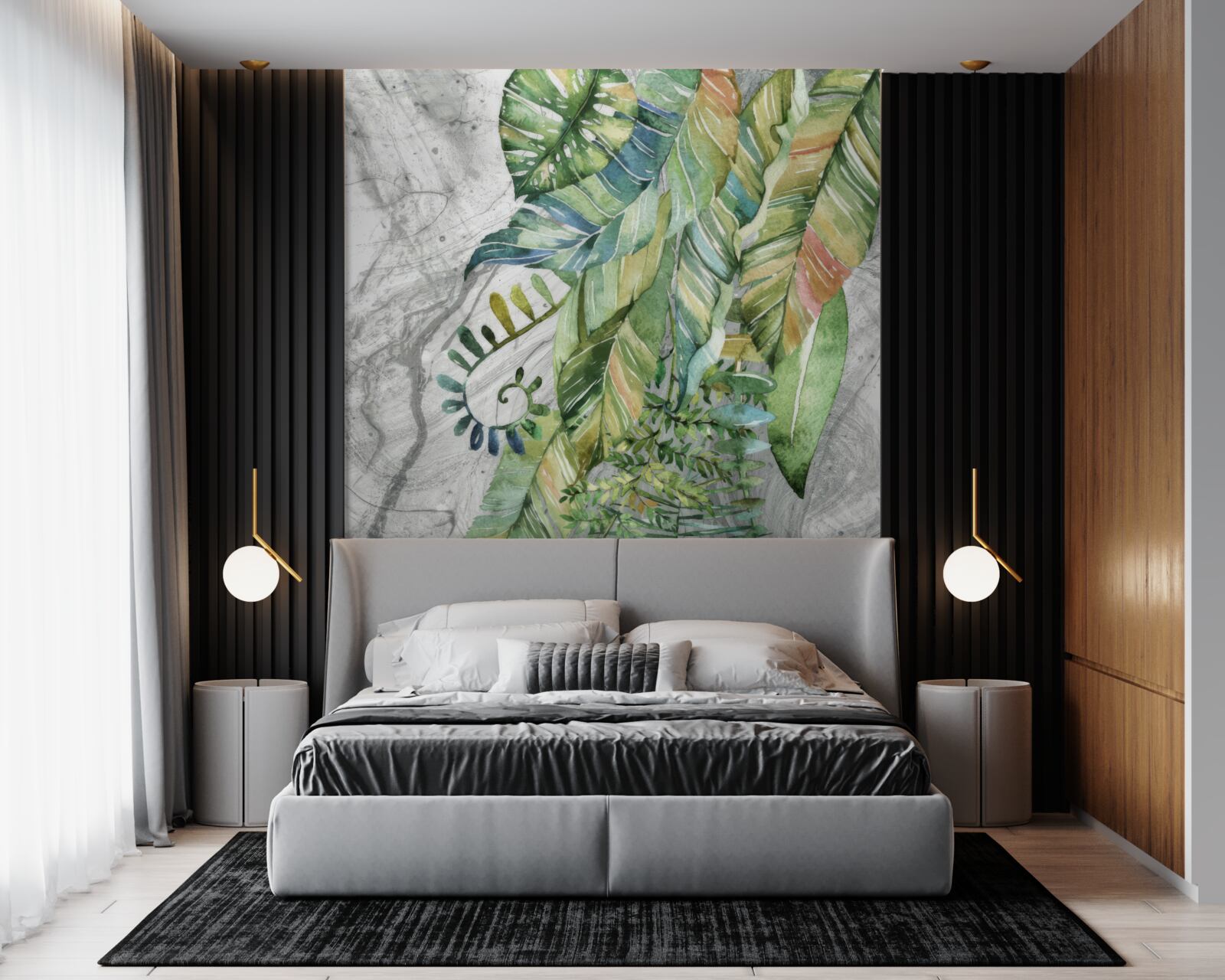 Fotobehang bladeren van verschillende soorten op een grijze achtergrond