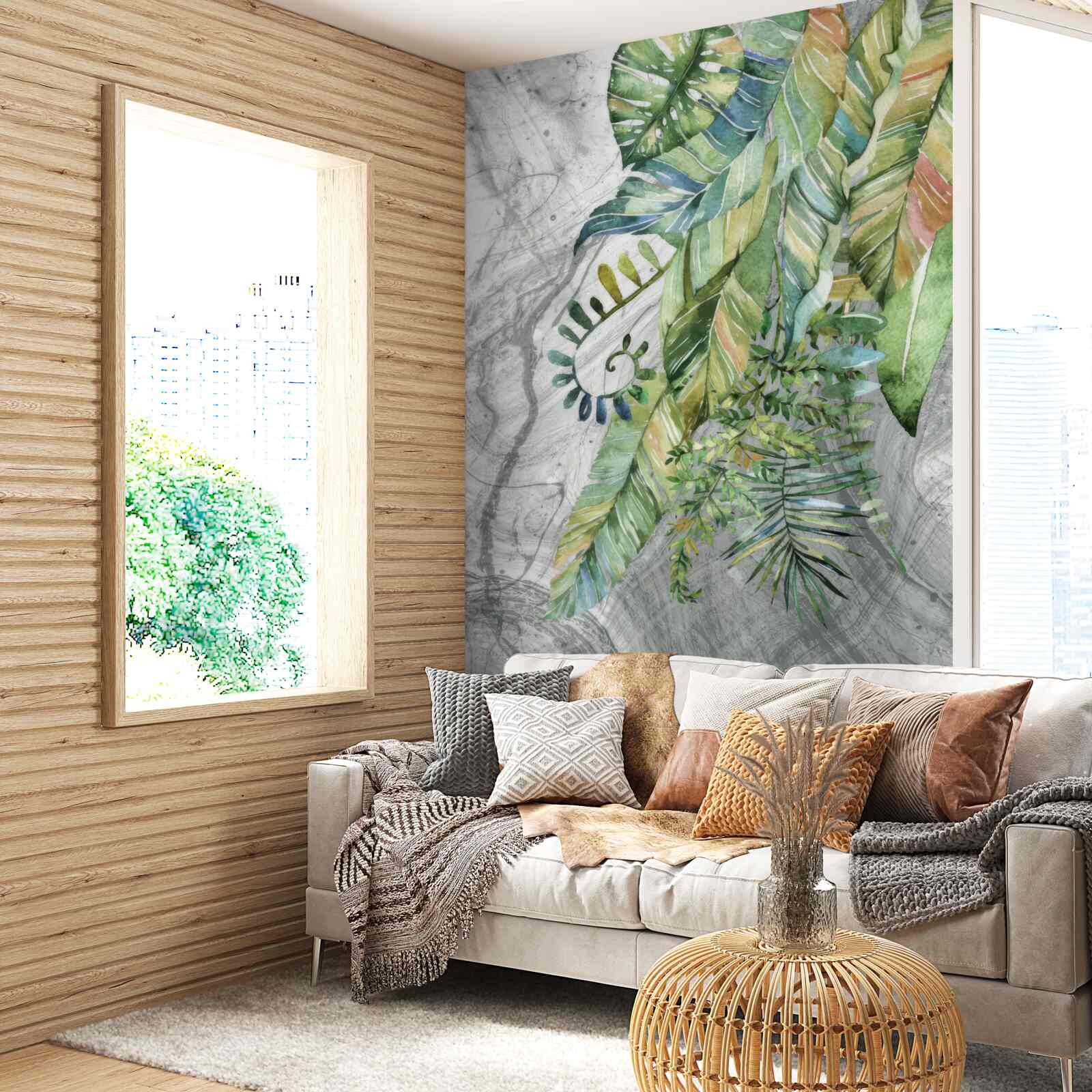 Fotobehang bladeren van verschillende soorten op een grijze achtergrond