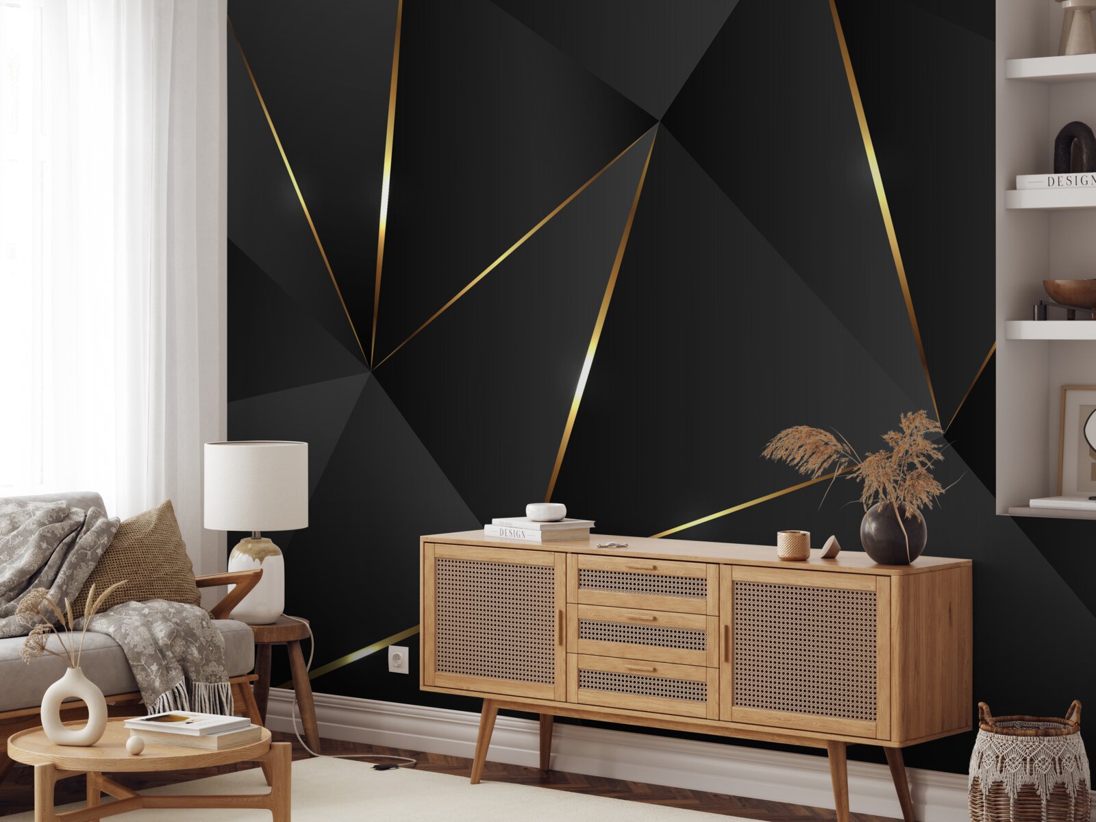 Fotobehang driedimensionale figuren in zwart- en goudtinten