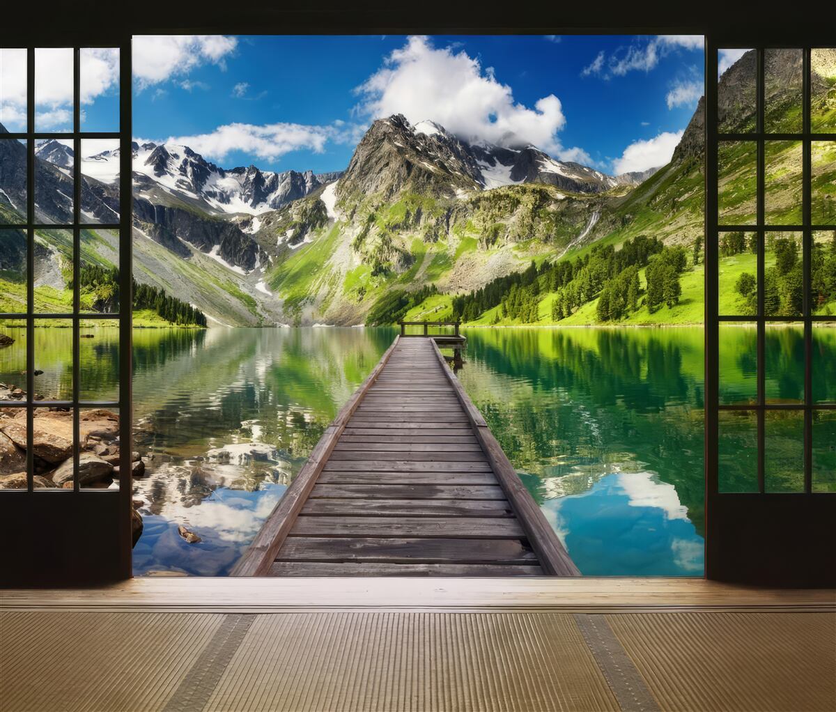 Fotobehang het landschap van de bergen dat zich opent vanuit het raam