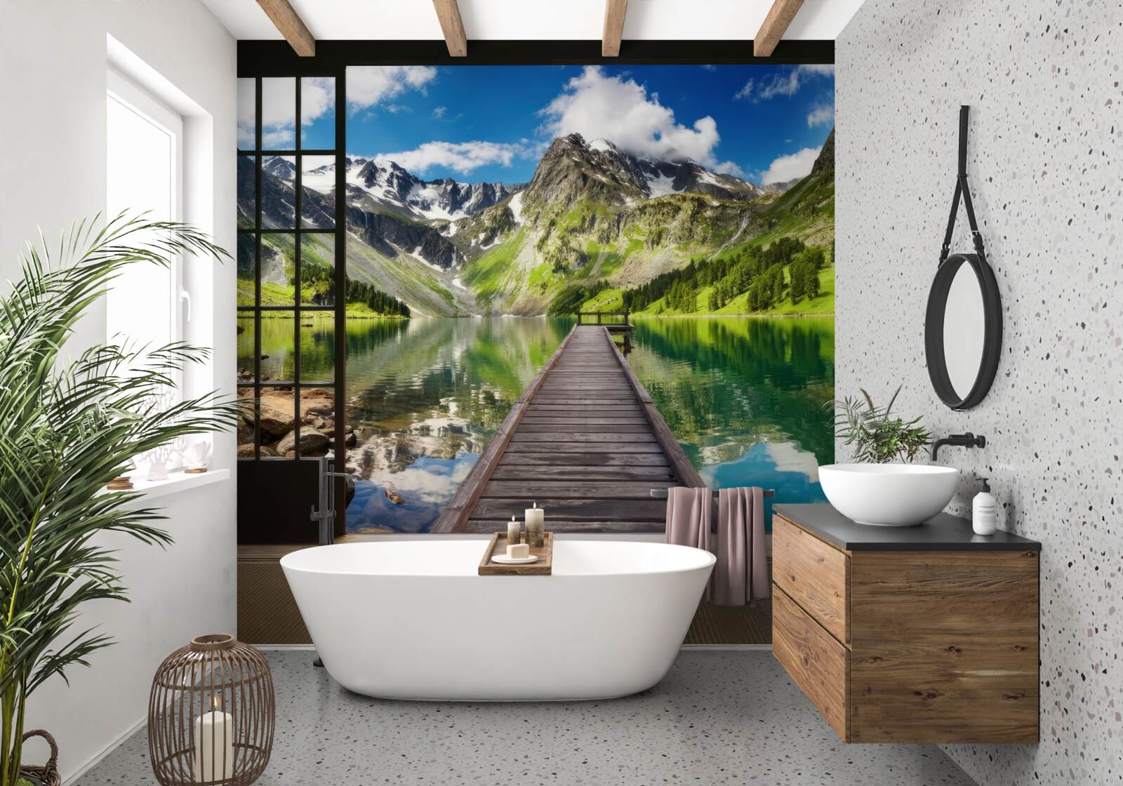 Fotobehang het landschap van de bergen dat zich opent vanuit het raam