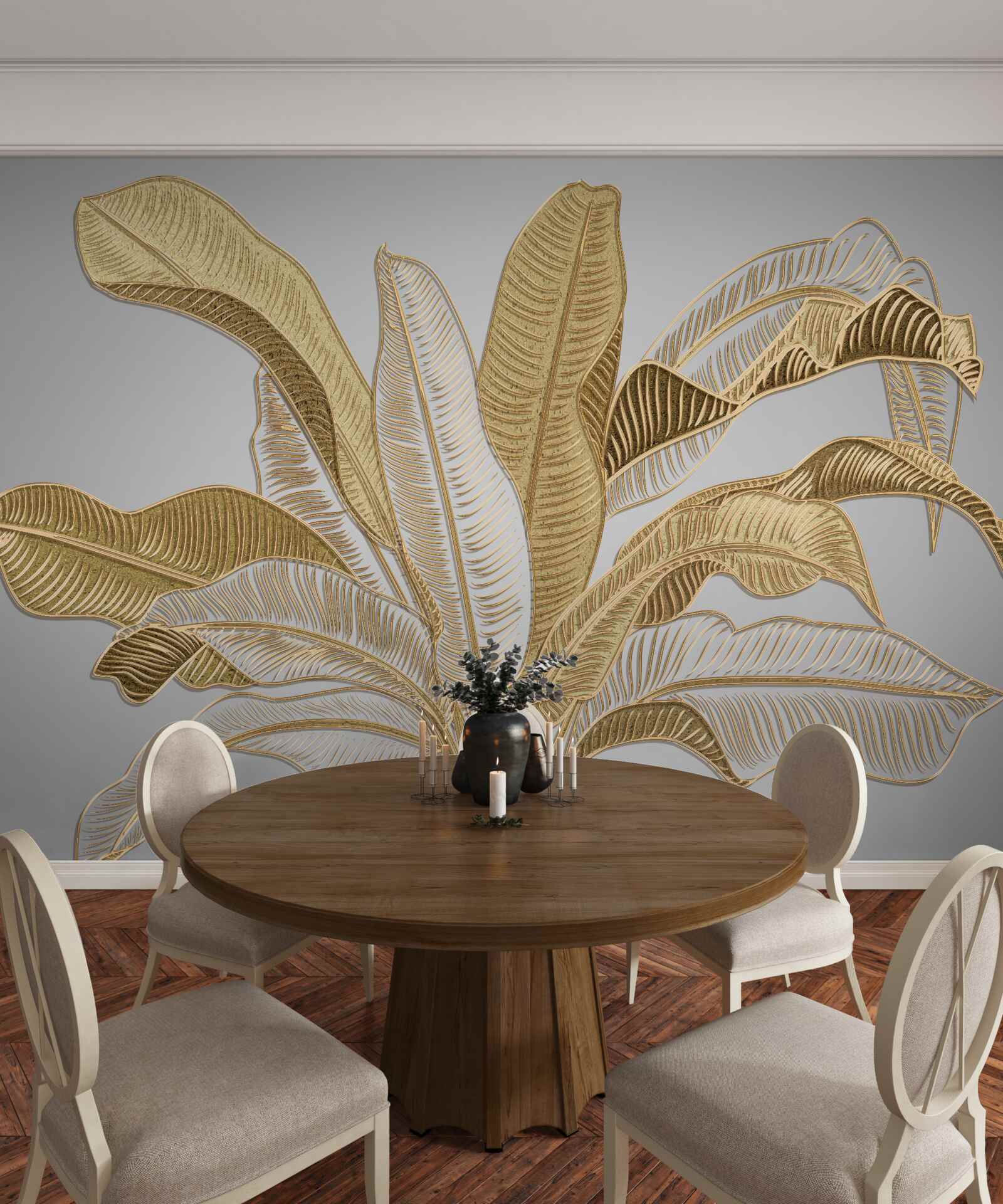 Fotobehang bladeren met ongewone gouden en witte tinten