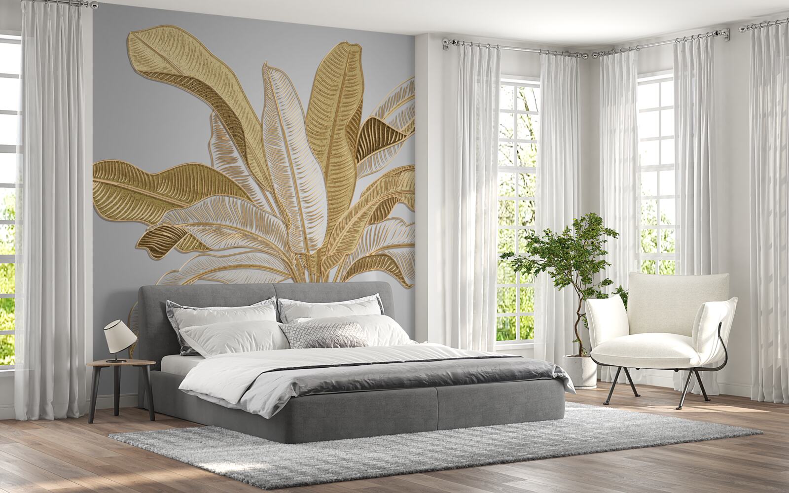 Fotobehang bladeren met ongewone gouden en witte tinten